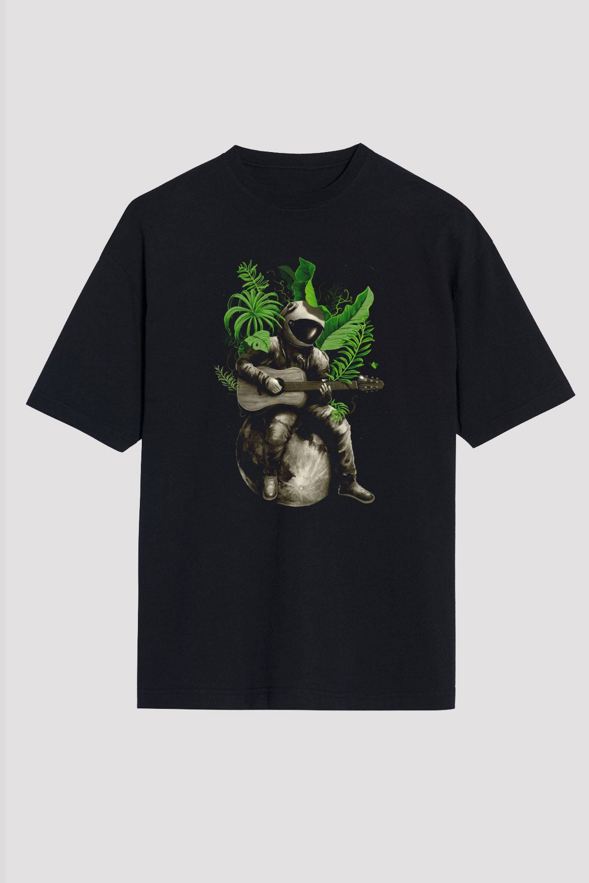 Gitarist Astronot Baskılı Unisex Siyah Tişört