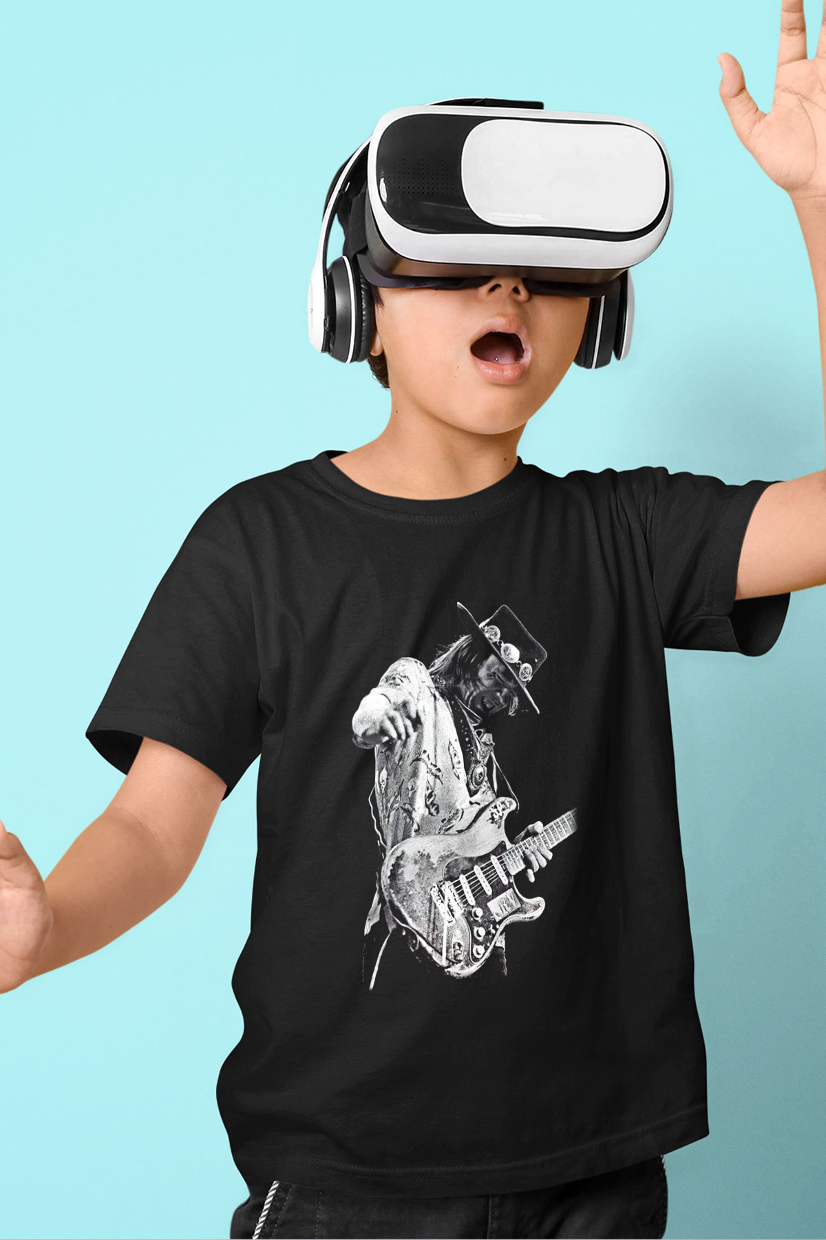 Gitarist Baskılı Siyah Unisex Çocuk Tişört