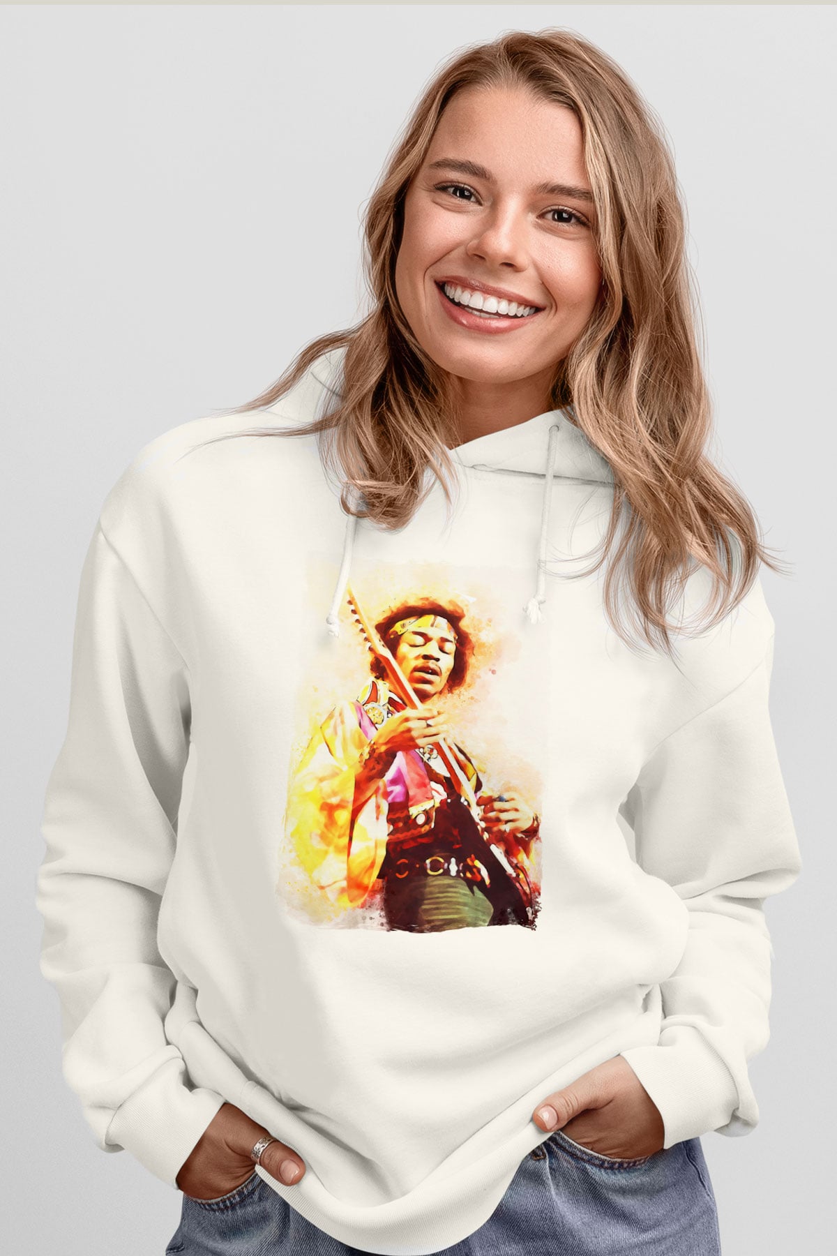Gitarist Beyaz Unisex Kapüşonlu Sweatshirt