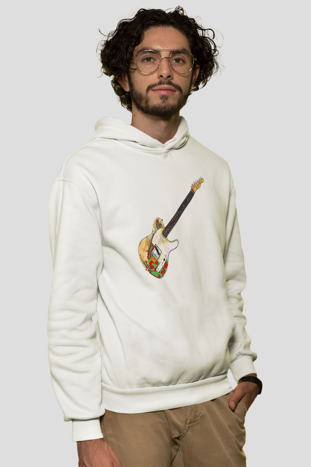 Gitarist Beyaz Unisex Kapüşonlu Sweatshirt