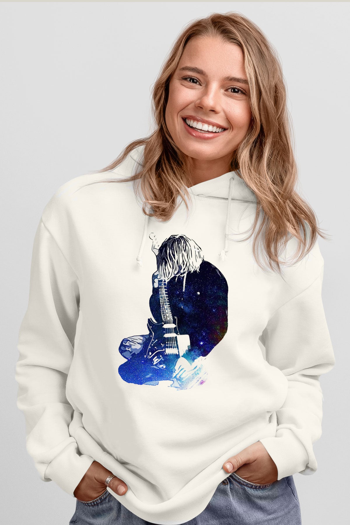 Gitarist Beyaz Unisex Kapüşonlu Sweatshirt