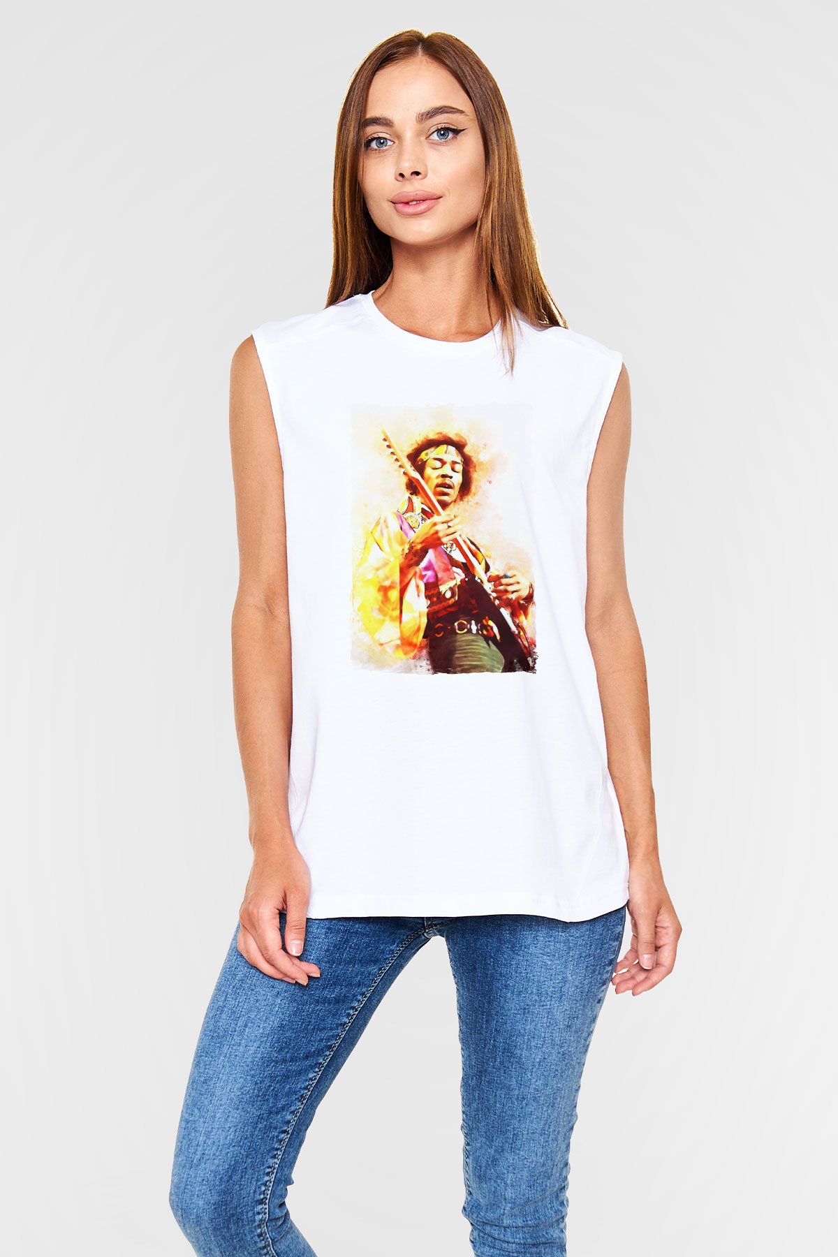 Gitarist Beyaz Unisex Kolsuz Tişört