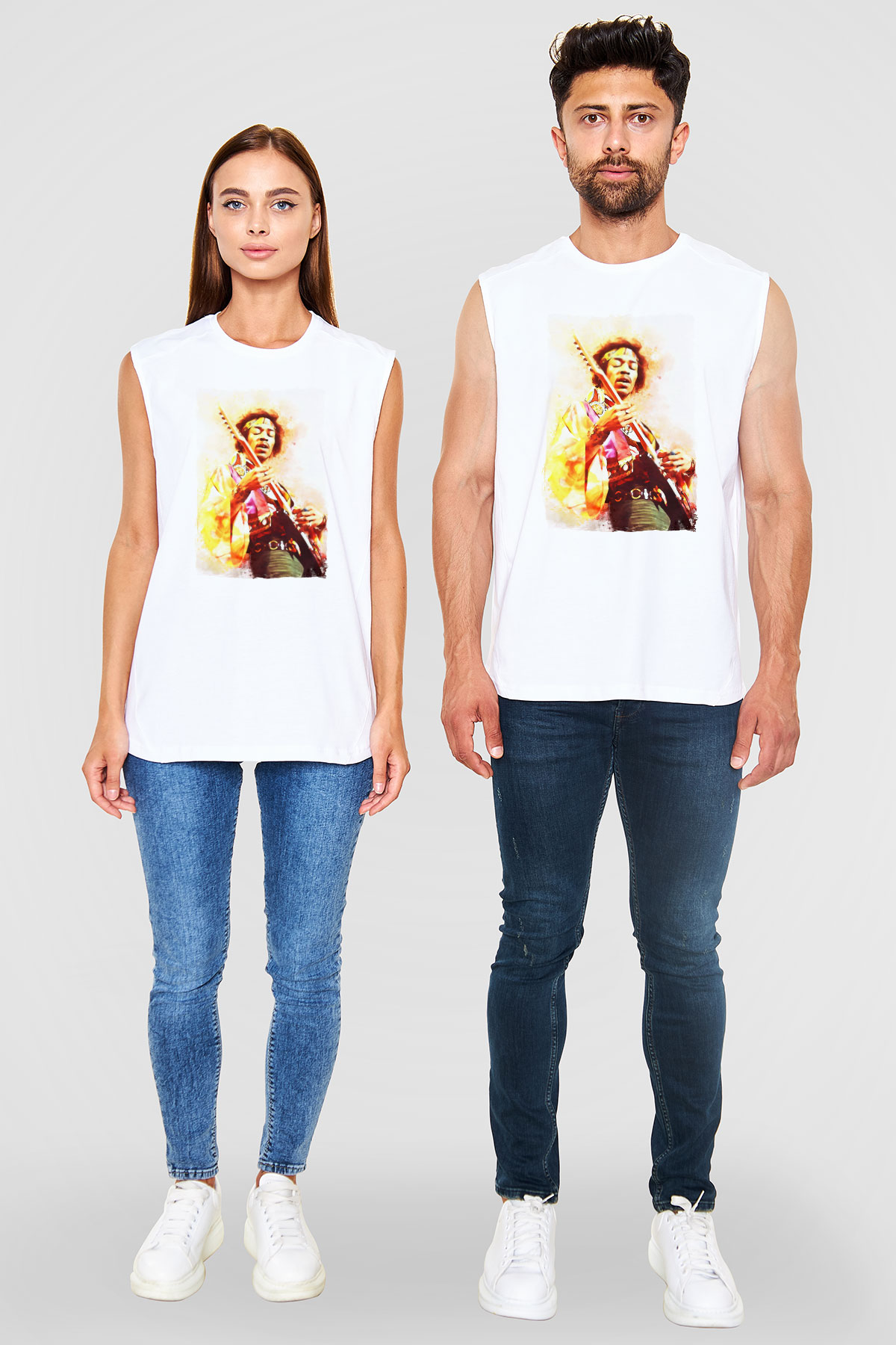 Gitarist Beyaz Unisex Kolsuz Tişört