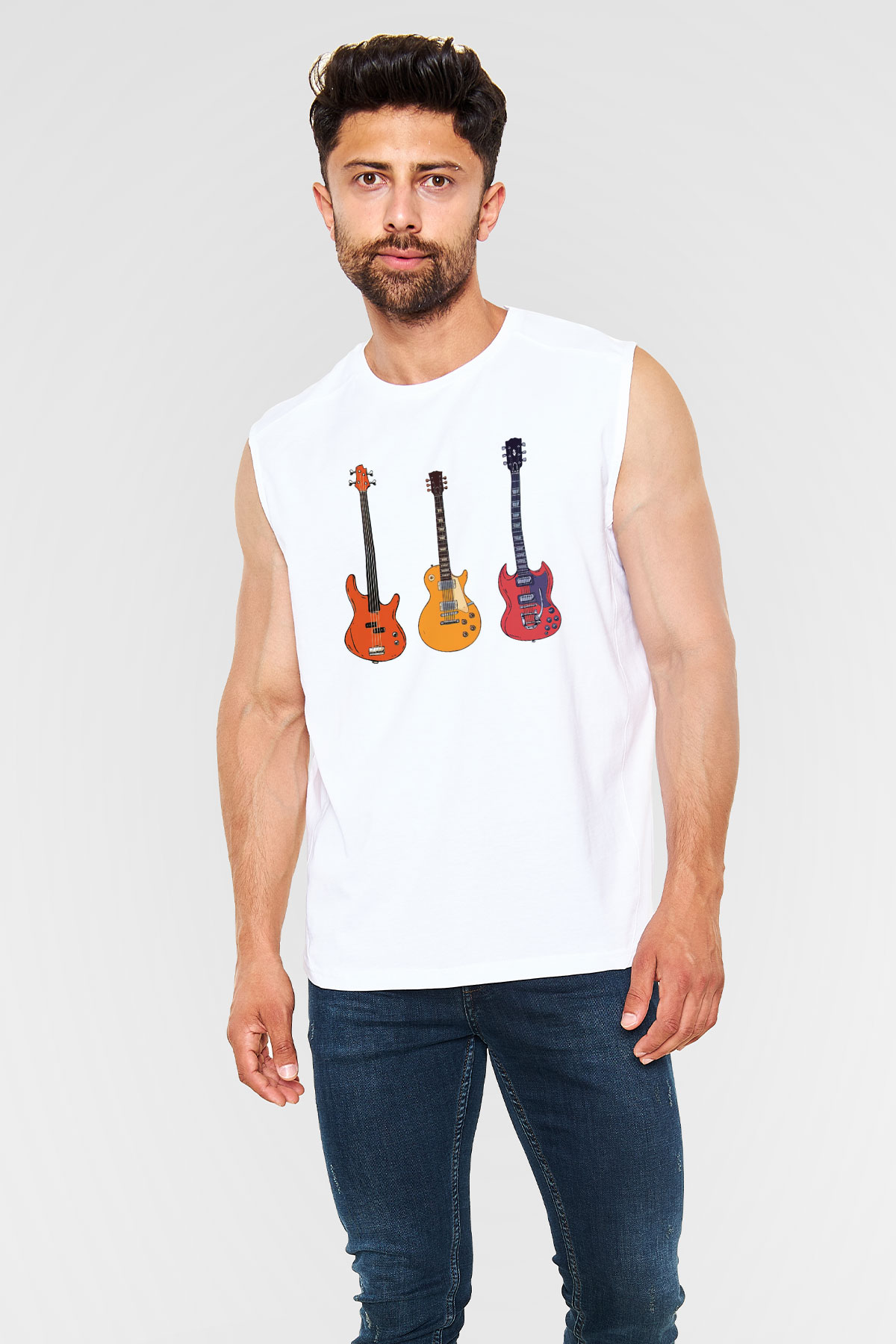 Gitarist Beyaz Unisex Kolsuz Tişört