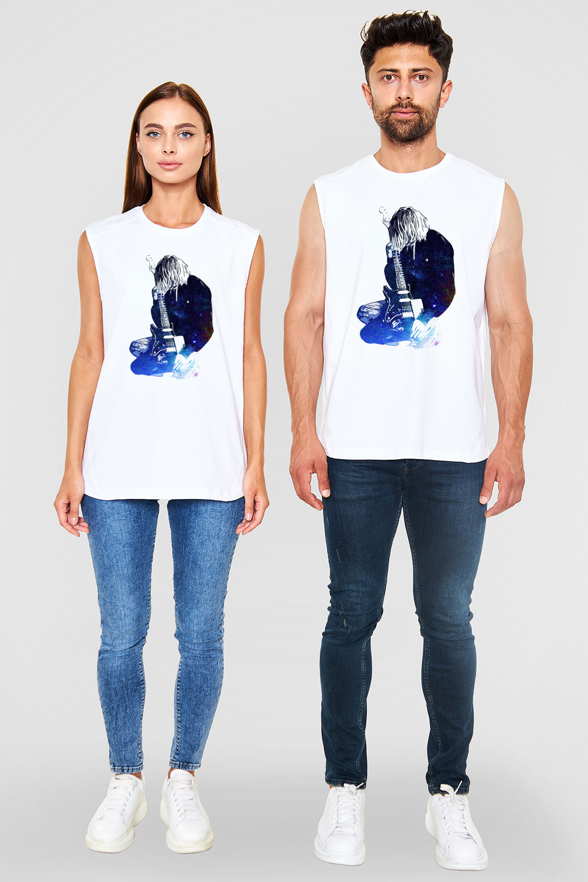 Gitarist Beyaz Unisex Kolsuz Tişört