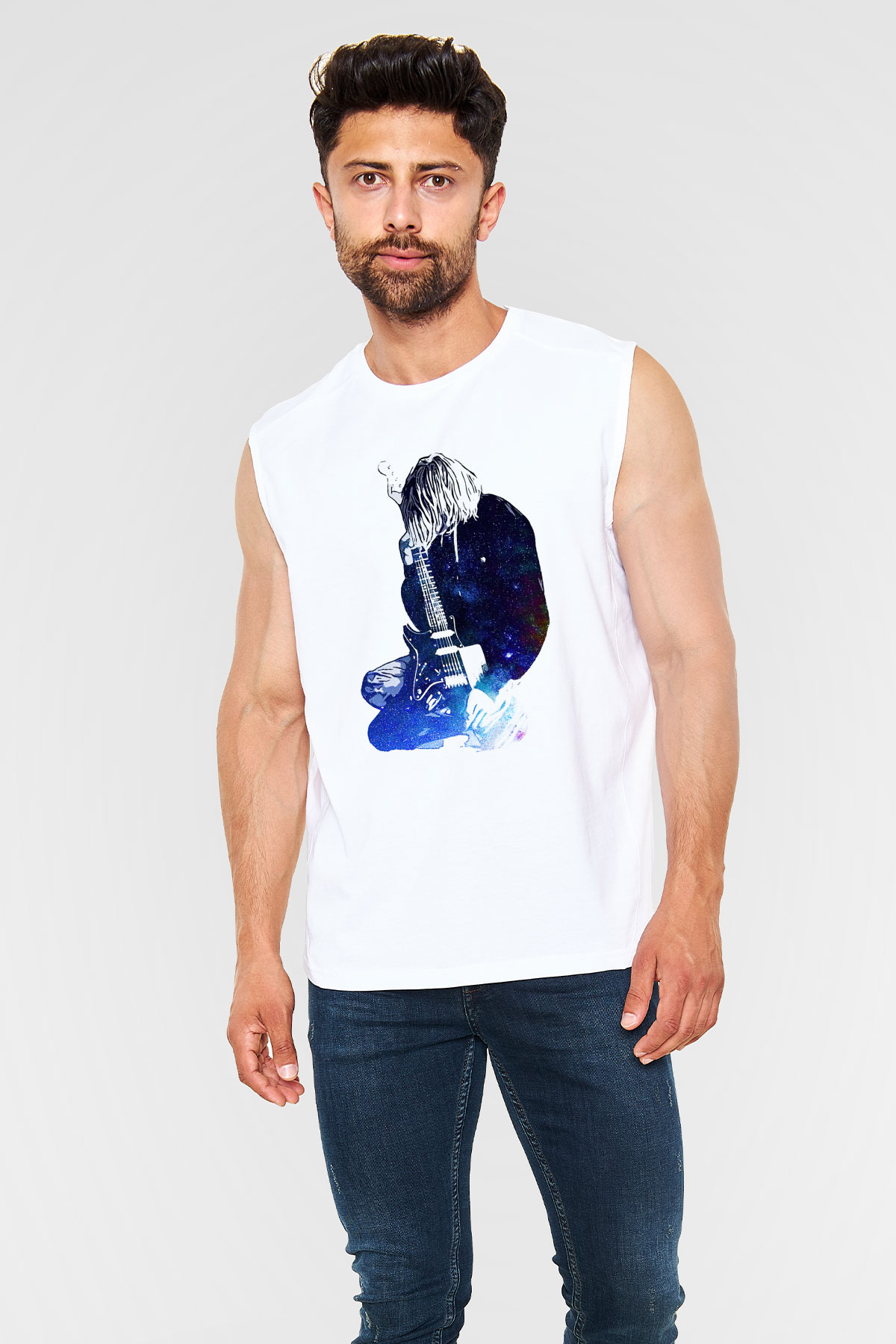 Gitarist Beyaz Unisex Kolsuz Tişört
