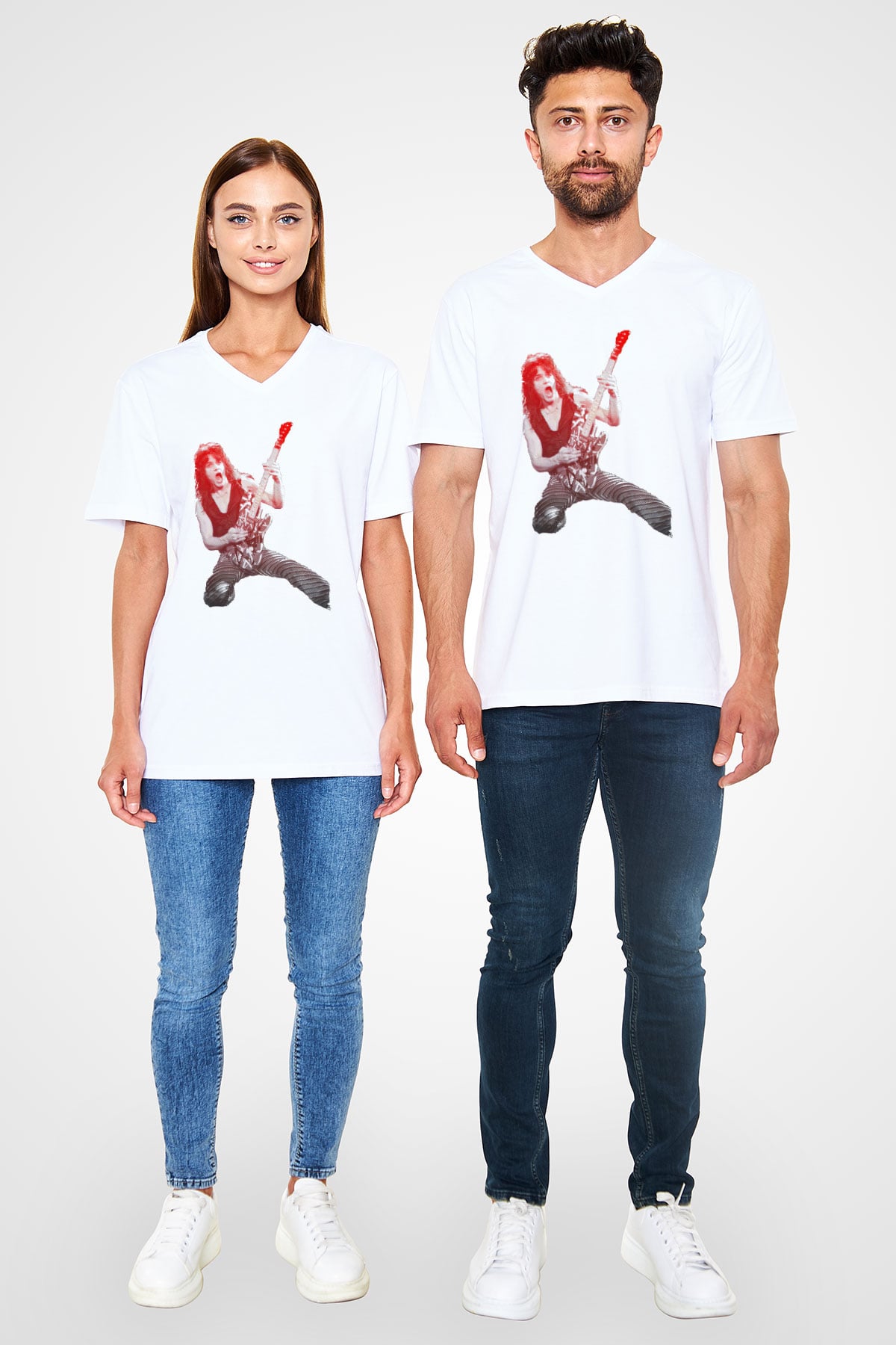 Gitarist Beyaz Unisex V Yaka Tişört