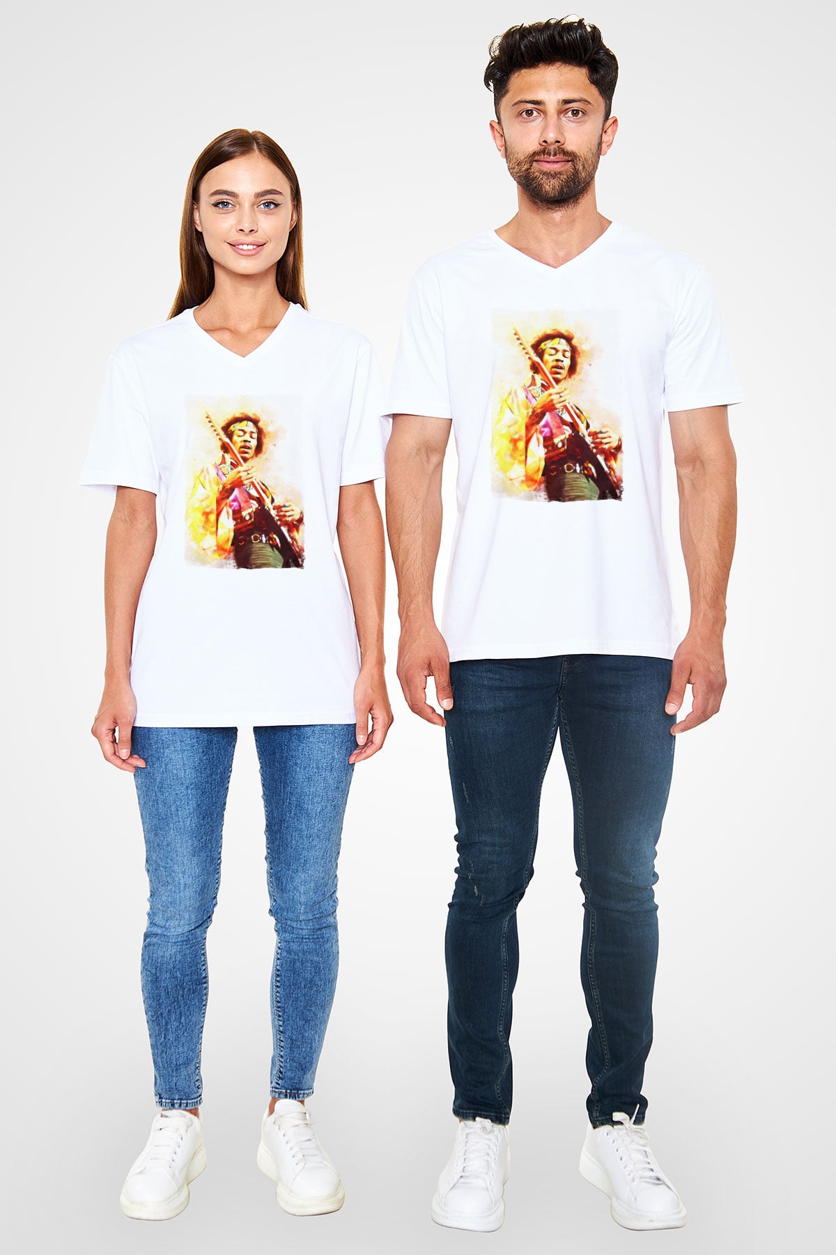 Gitarist Beyaz Unisex V Yaka Tişört