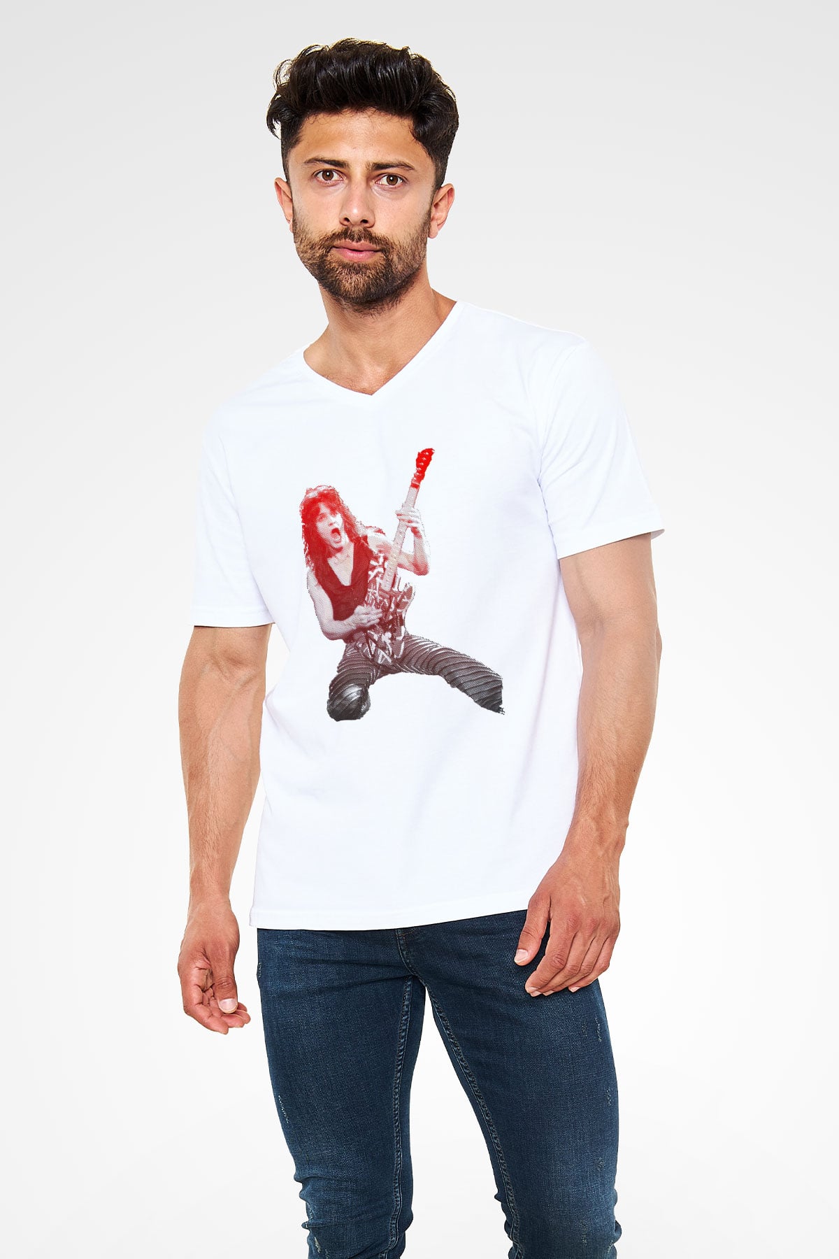 Gitarist Beyaz Unisex V Yaka Tişört