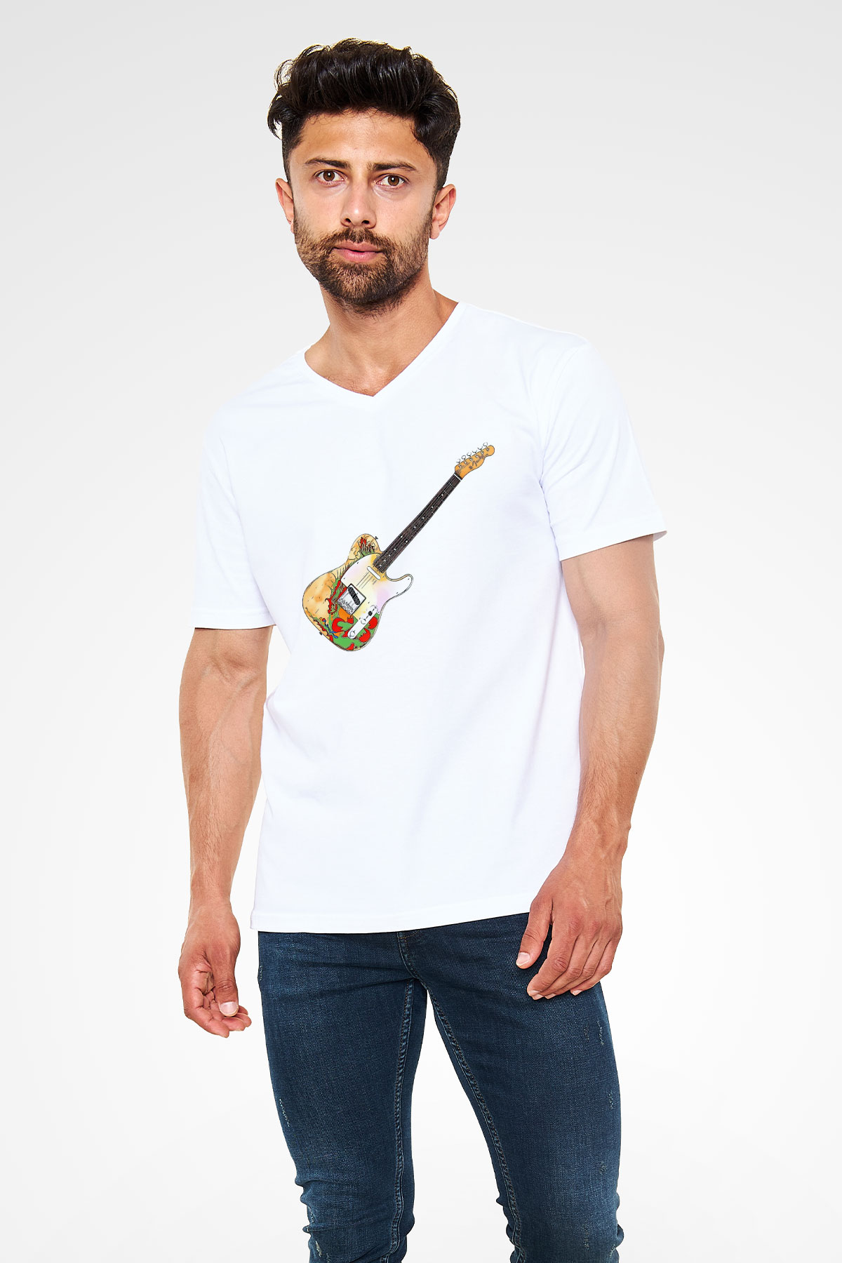 Gitarist Beyaz Unisex V Yaka Tişört