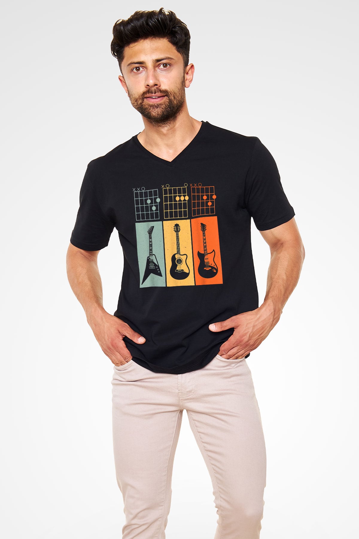 Gitarist Siyah Unisex V Yaka Tişört