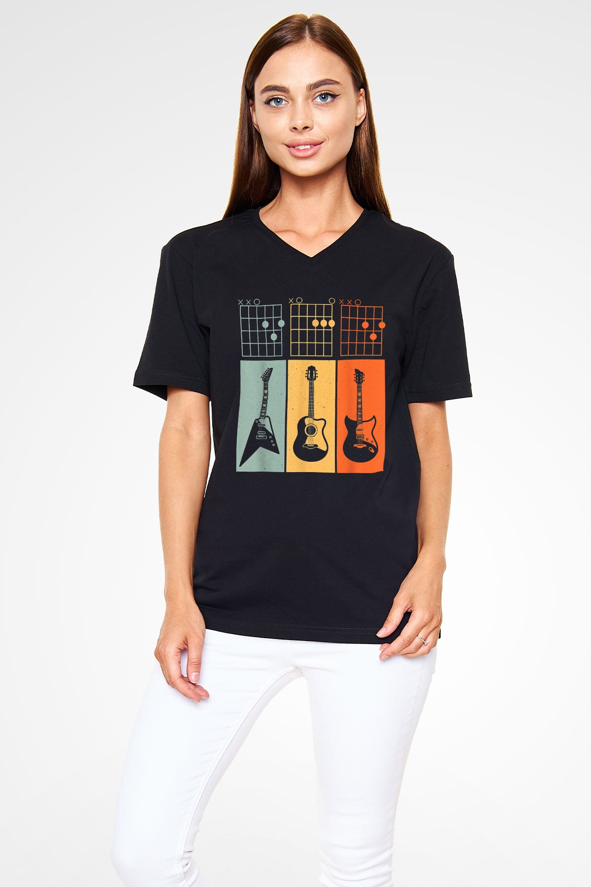 Gitarist Siyah Unisex V Yaka Tişört