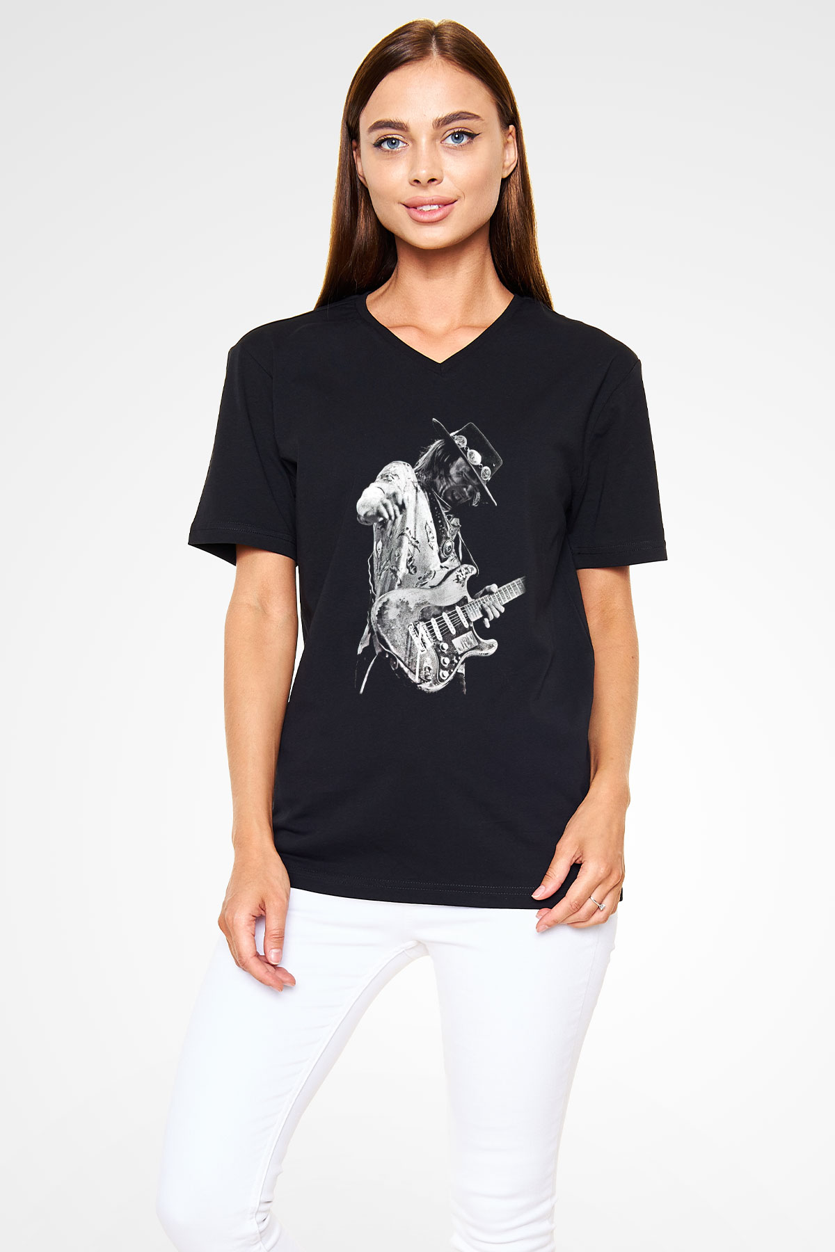 Gitarist Siyah Unisex V Yaka Tişört T-Shirt