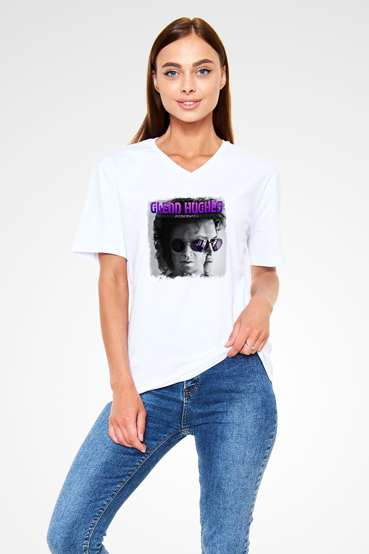 Glenn Hughes Baskılı Unisex Beyaz V Yaka Tişört