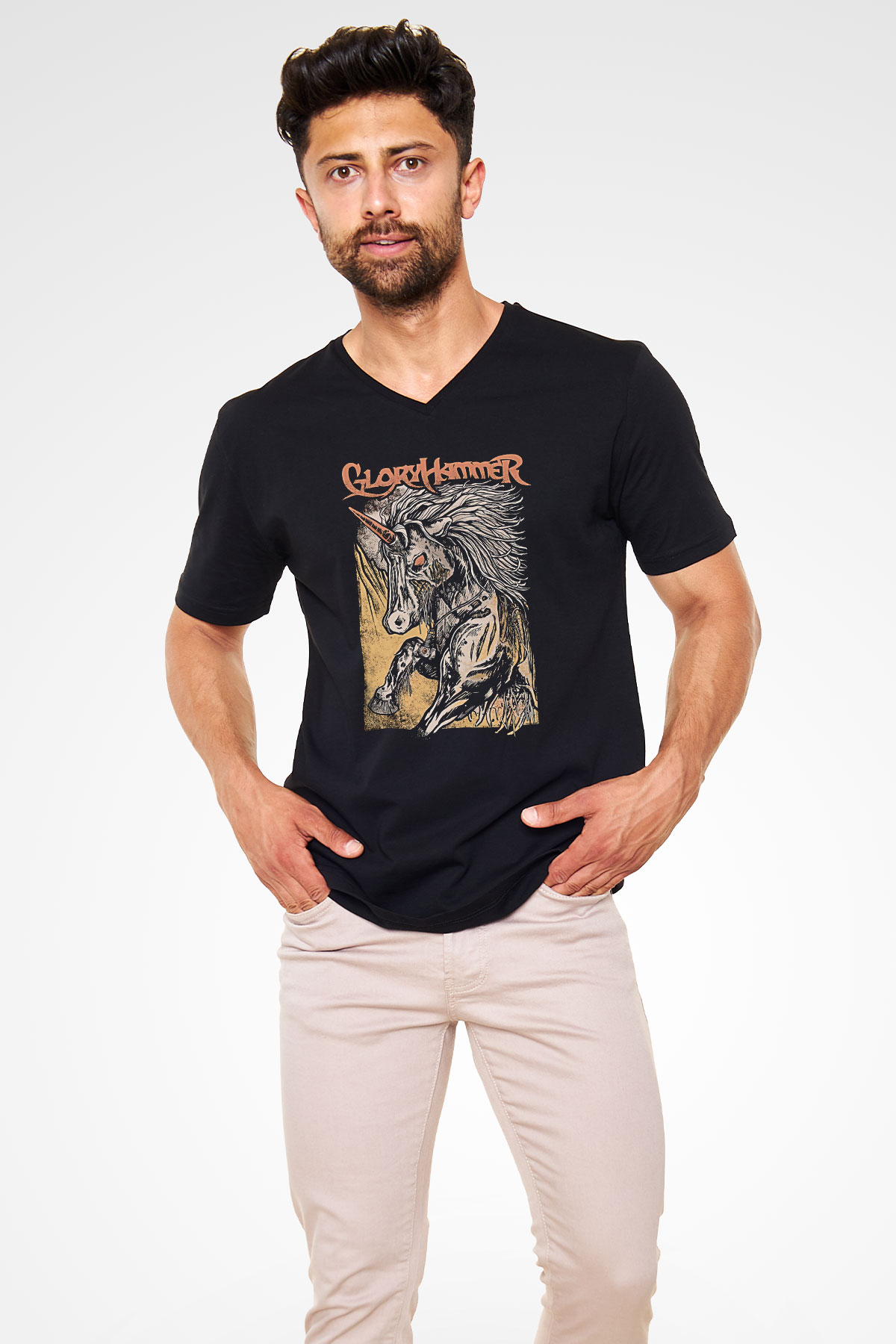 Gloryhammer Baskılı Unisex Siyah V Yaka Tişört - Tshirt