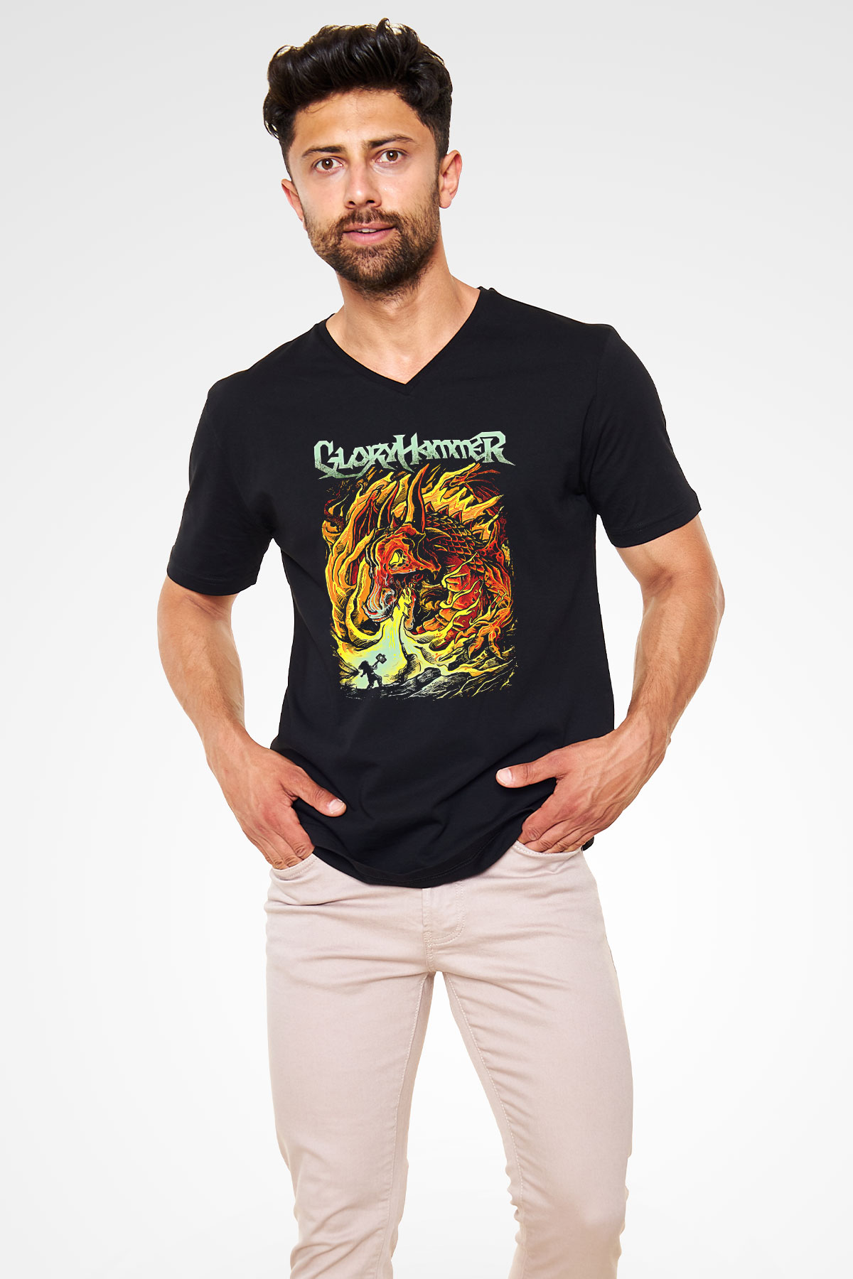 Gloryhammer Baskılı Unisex Siyah V Yaka Tişört - Tshirt