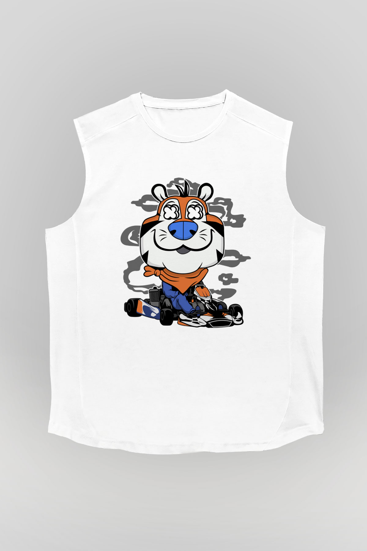 Go Kart Tony Baskılı Unisex Beyaz Kolsuz Tişört