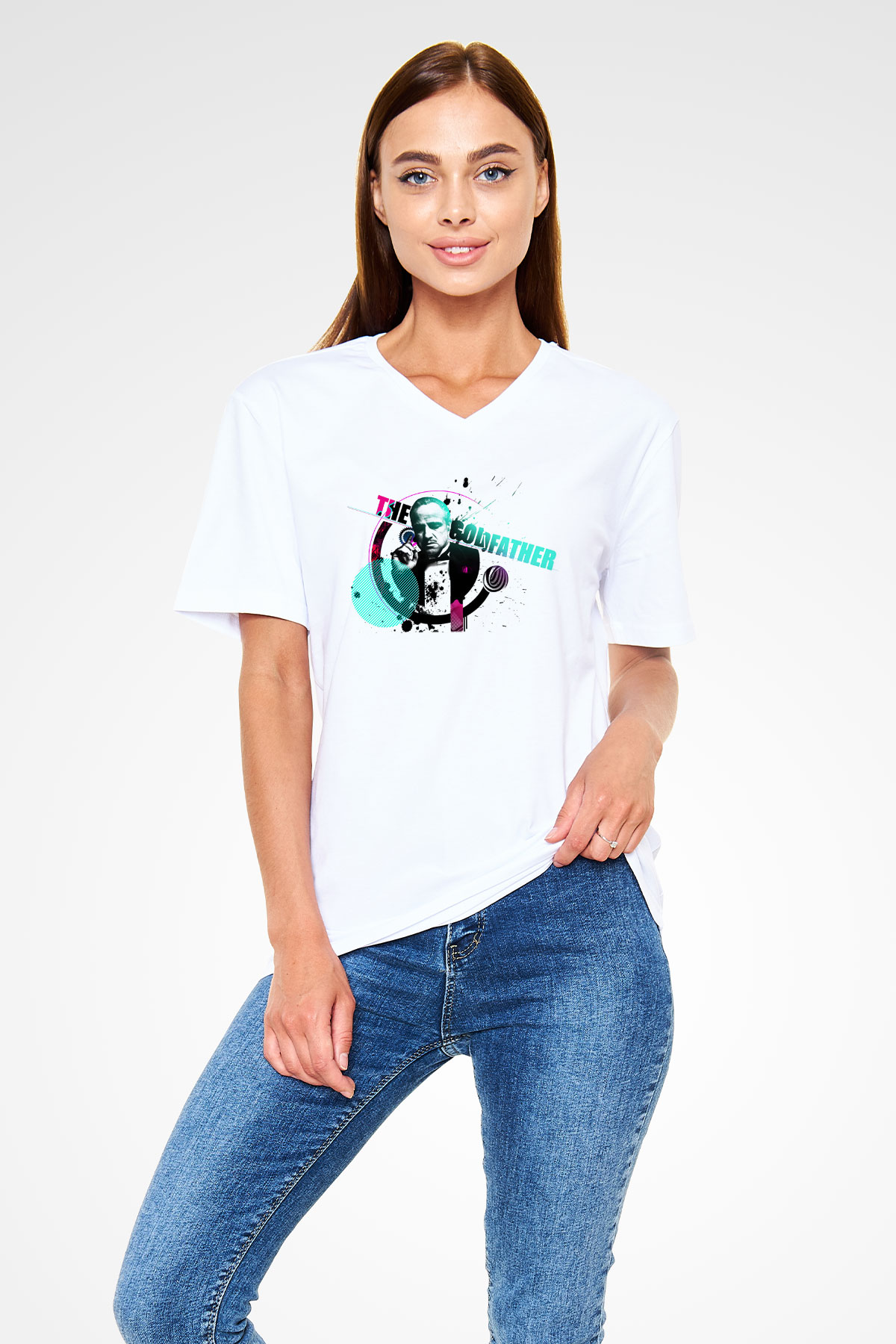 Godfather Beyaz Unisex V Yaka Tişört T-Shirt