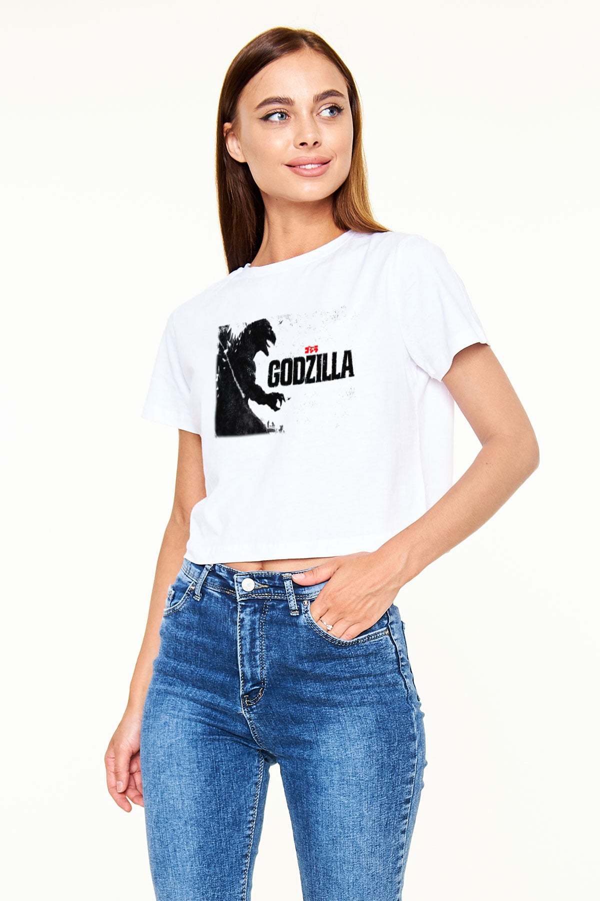 Godzilla Beyaz Croptop Tişört