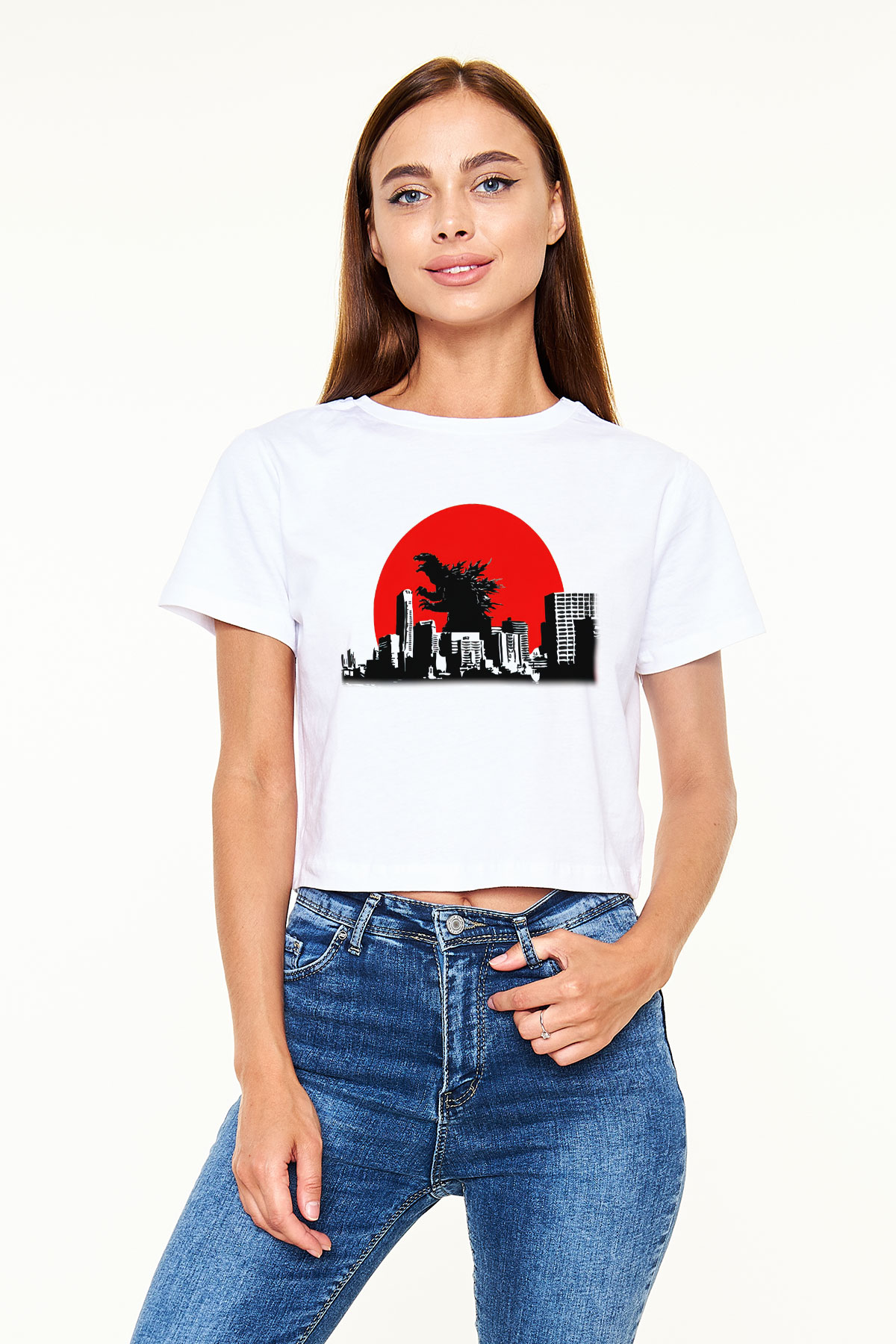 Godzilla Beyaz Croptop Tişört
