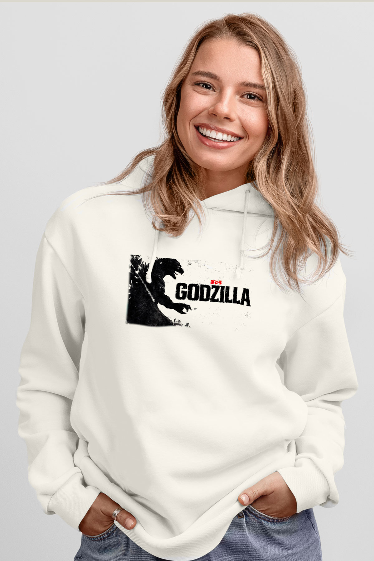 Godzilla Beyaz Unisex Hoodie