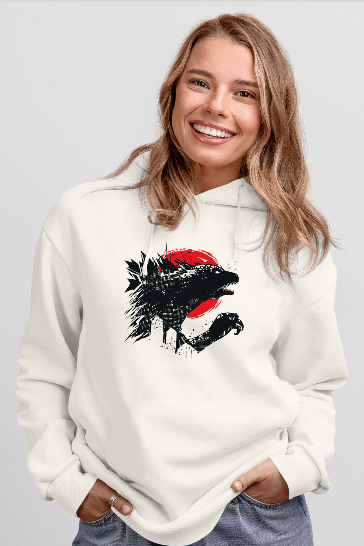 Godzilla Beyaz Unisex Hoodie