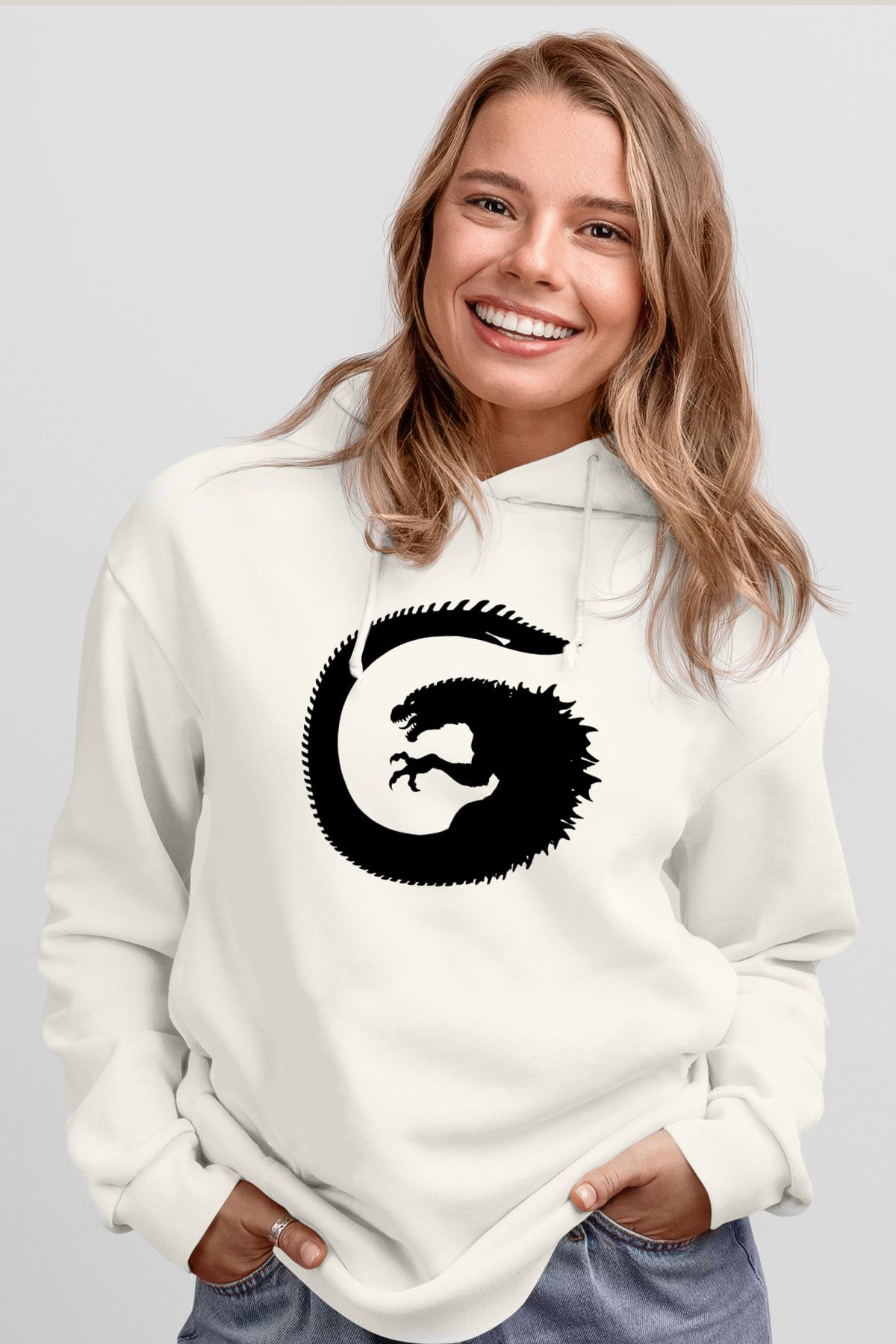Godzilla Beyaz Unisex Hoodie