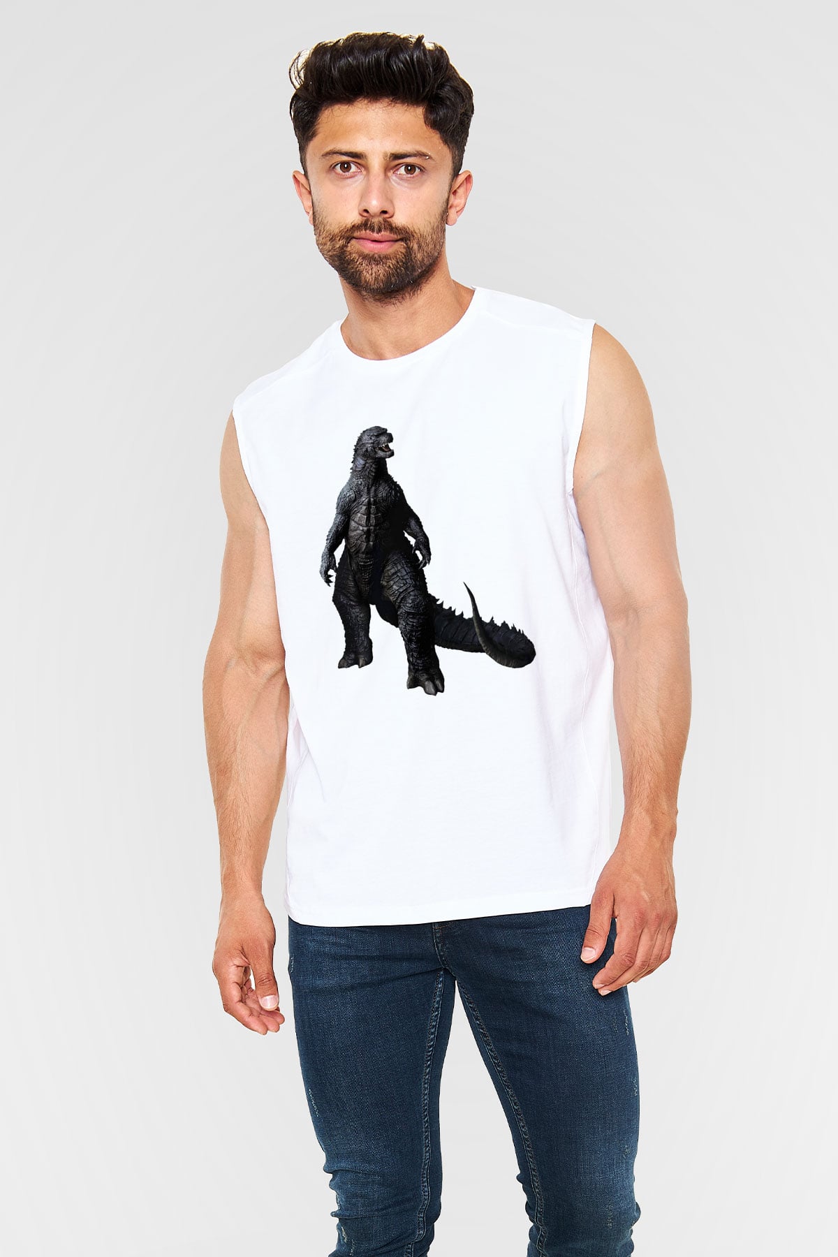 Godzilla Beyaz Unisex Kolsuz Tişört