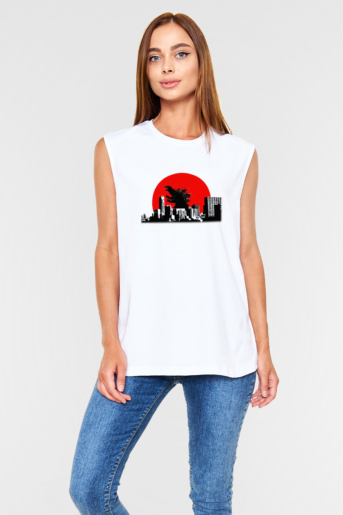 Godzilla Beyaz Unisex Kolsuz Tişört