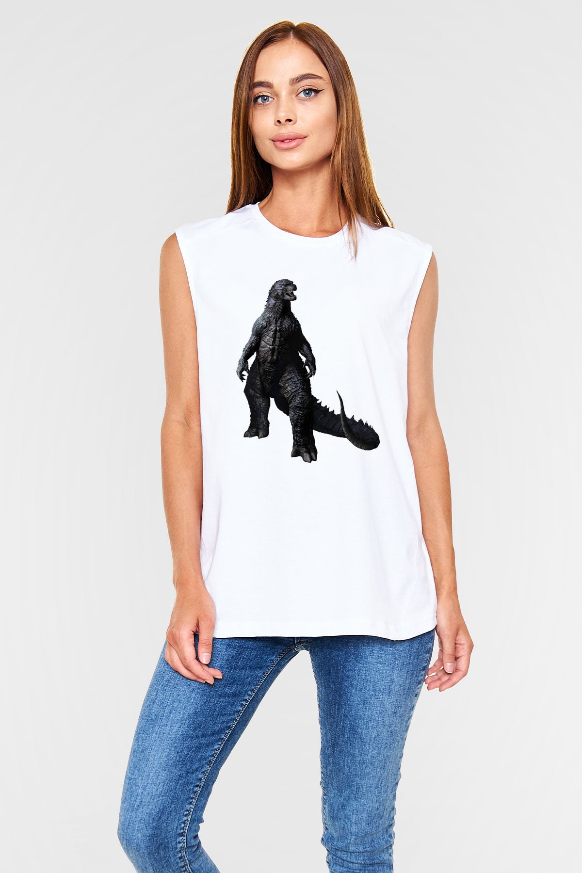 Godzilla Beyaz Unisex Kolsuz Tişört