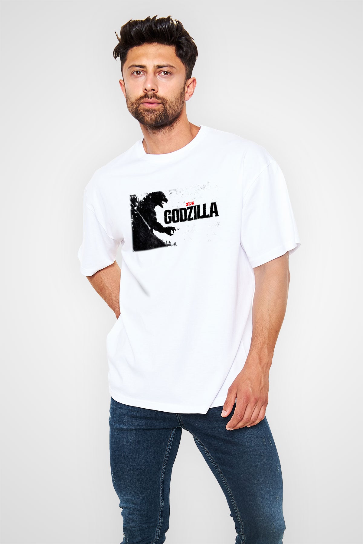 Godzilla Beyaz Unisex Oversize Tişört T-Shirt