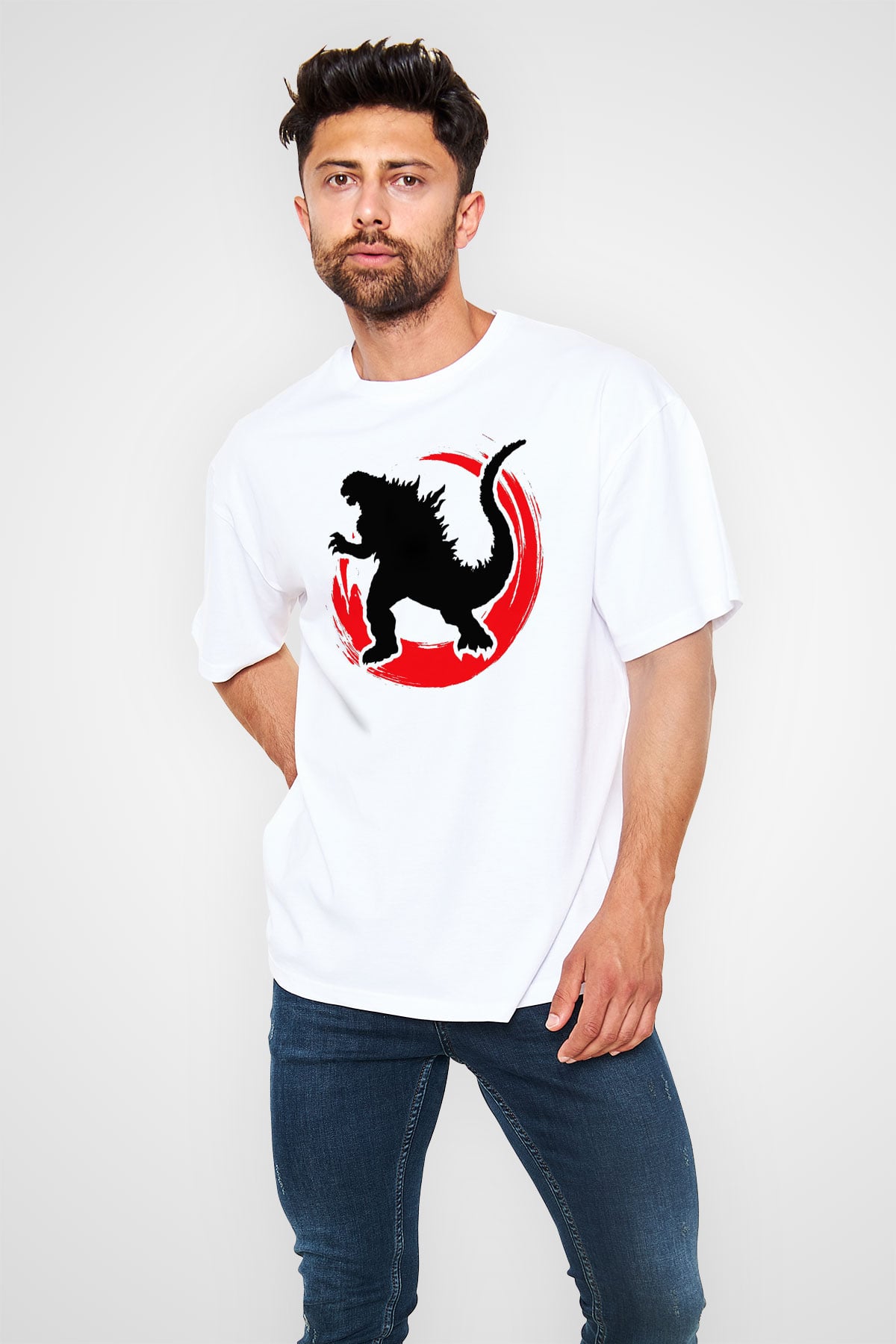 Godzilla Beyaz Unisex Oversize Tişört T-Shirt