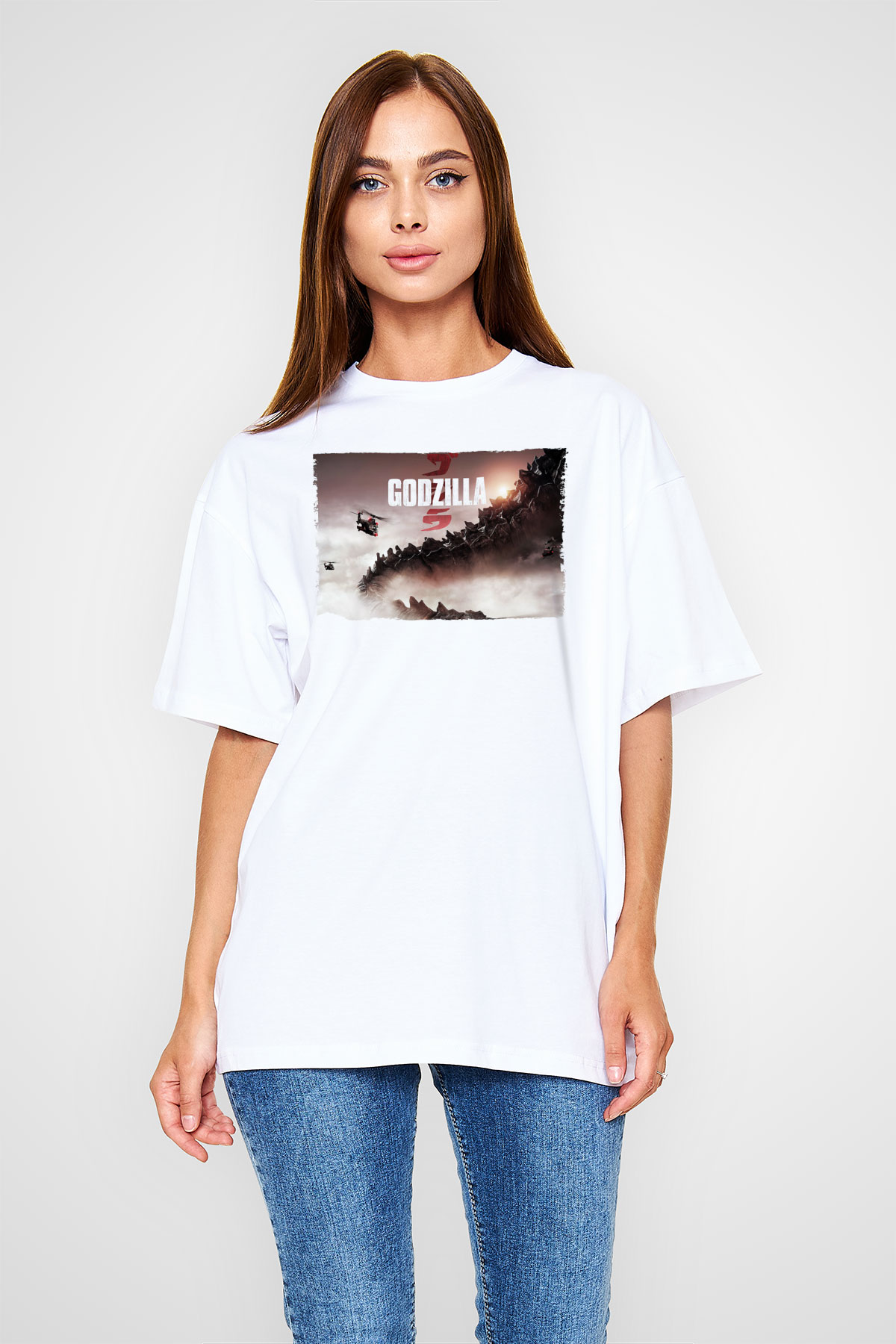 Godzilla Beyaz Unisex Oversize Tişört T-Shirt
