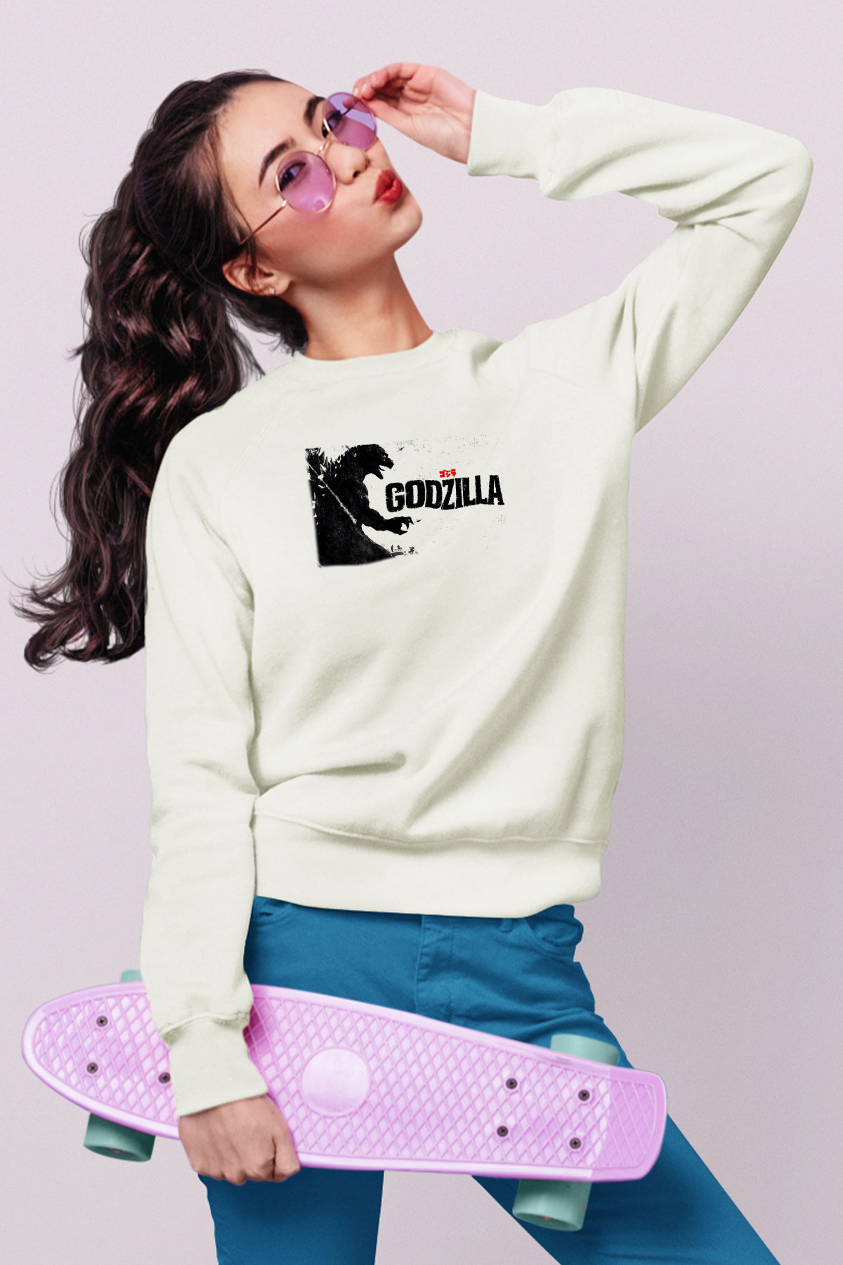 Godzilla Beyaz Unisex Sweatshirt