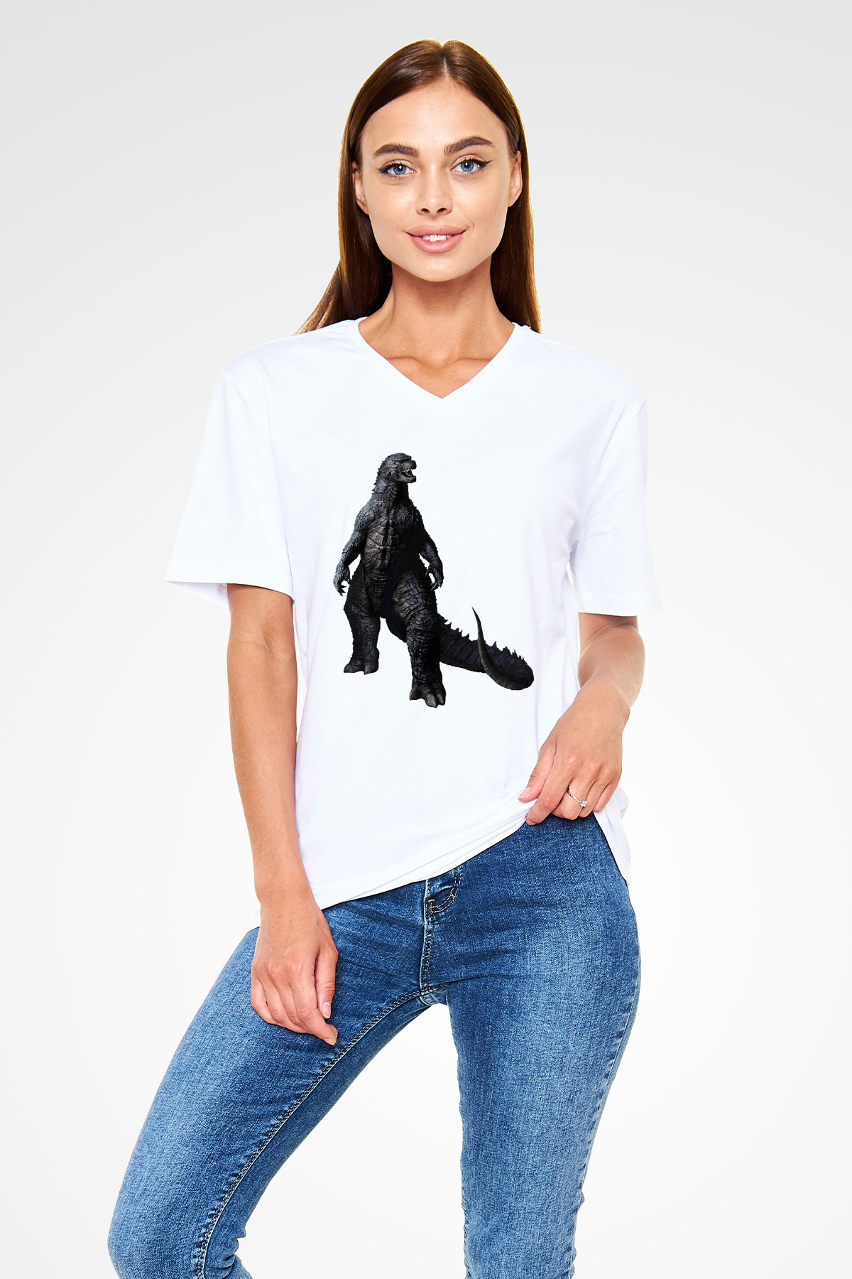 Godzilla Beyaz Unisex V Yaka Tişört T-Shirt