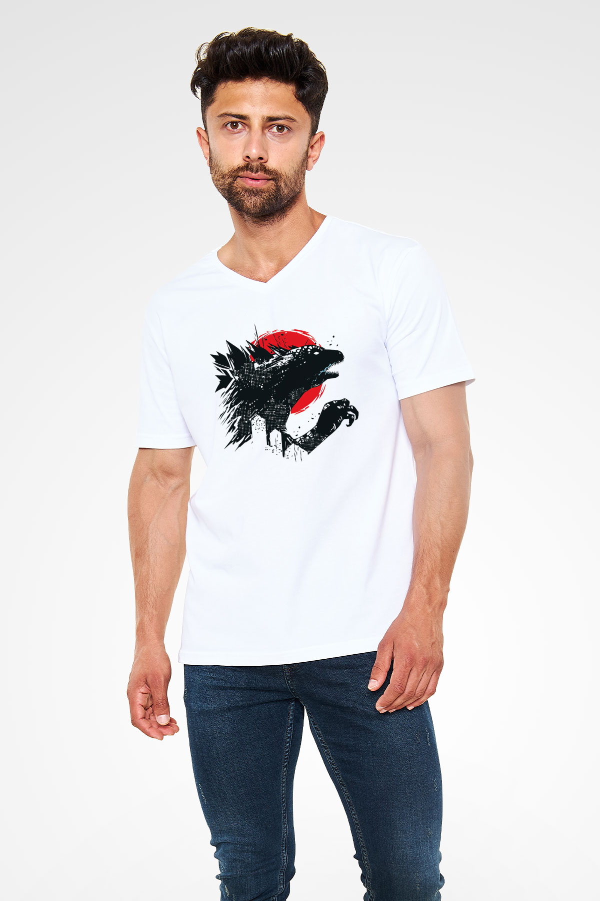 Godzilla Beyaz Unisex V Yaka Tişört T-Shirt