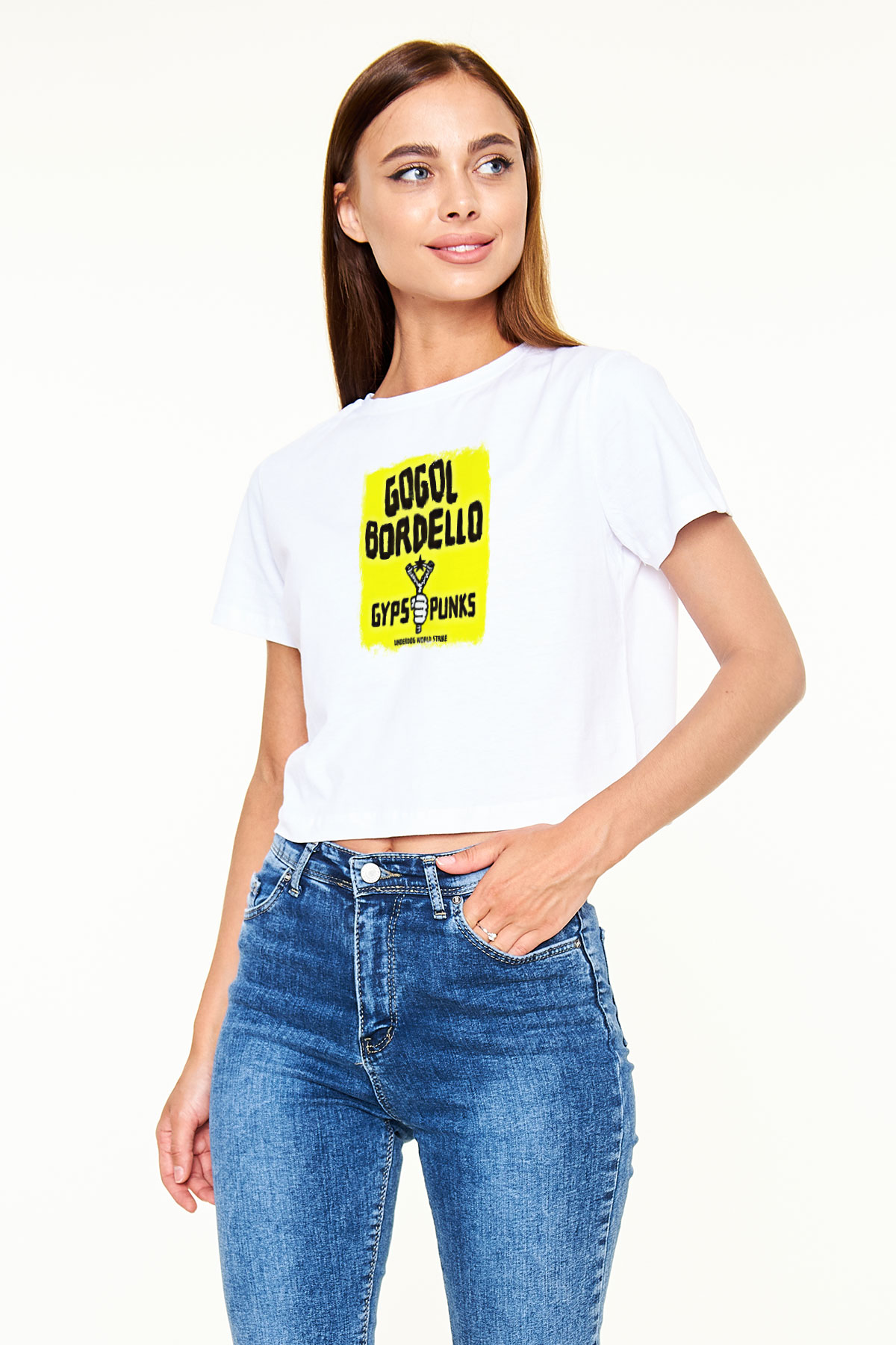 Gogol Bordello Baskılı Unisex Beyaz Crop Top Tişört