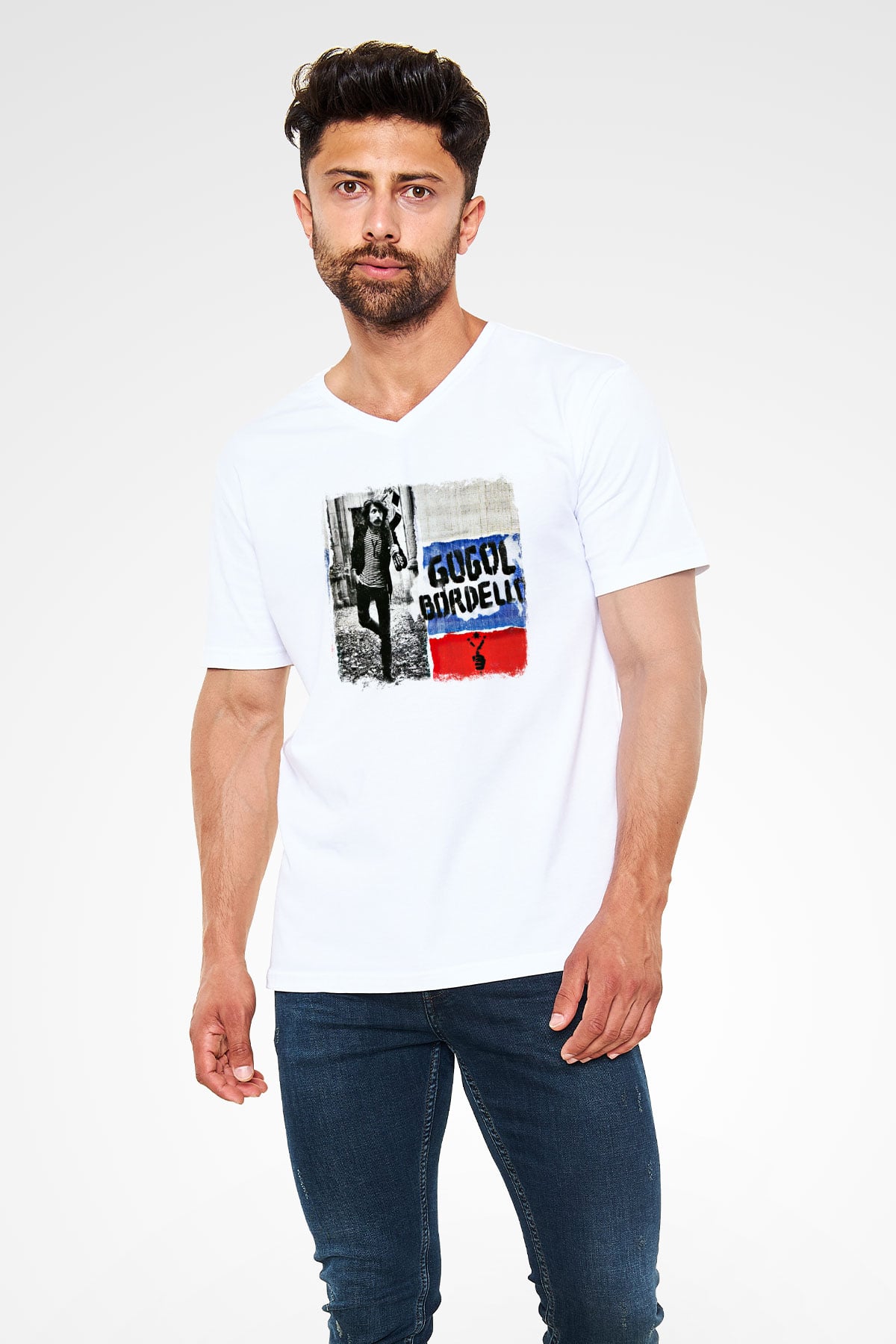Gogol Bordello Baskılı Unisex Beyaz V Yaka Tişört