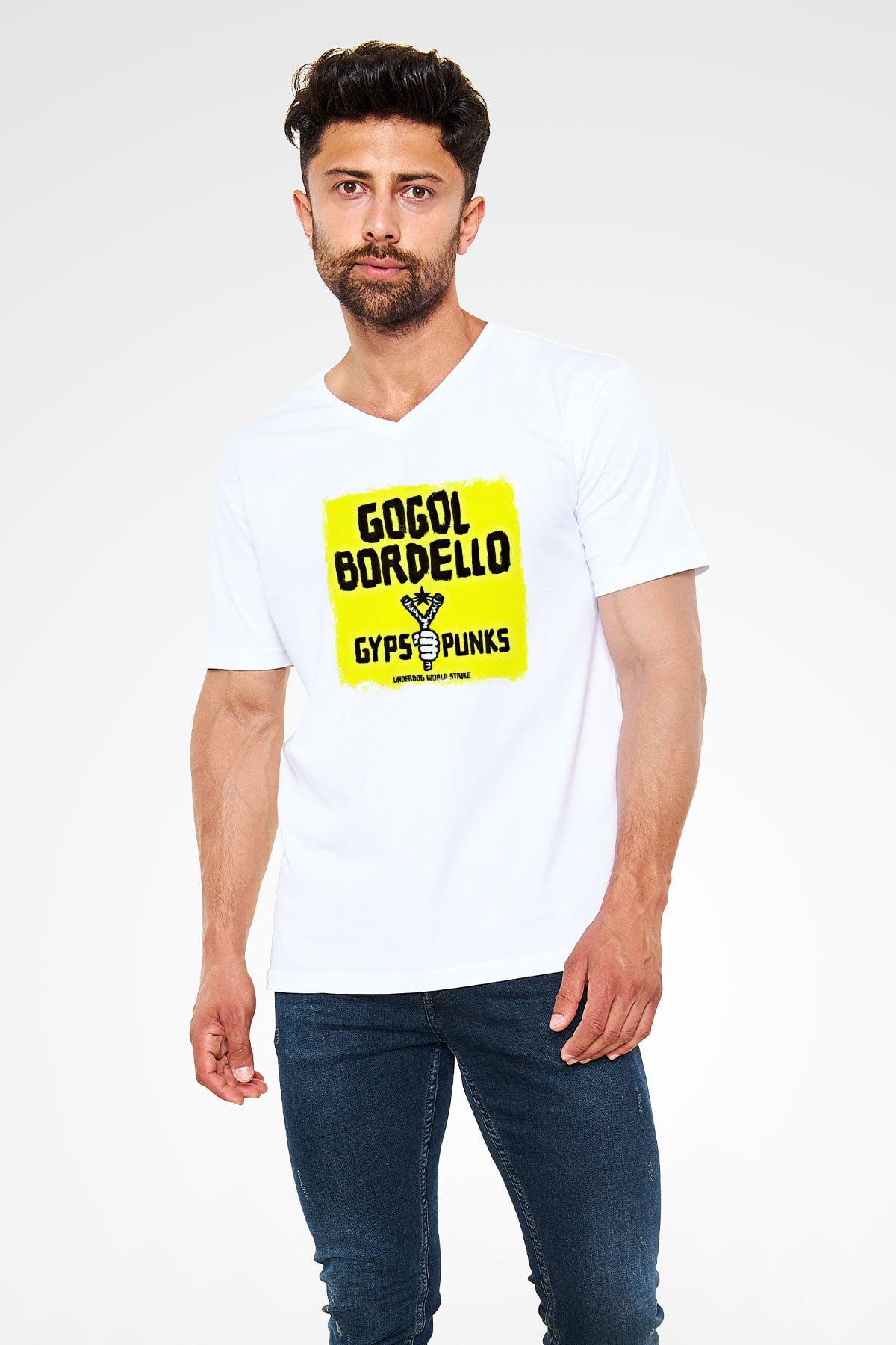 Gogol Bordello Baskılı Unisex Beyaz V Yaka Tişört