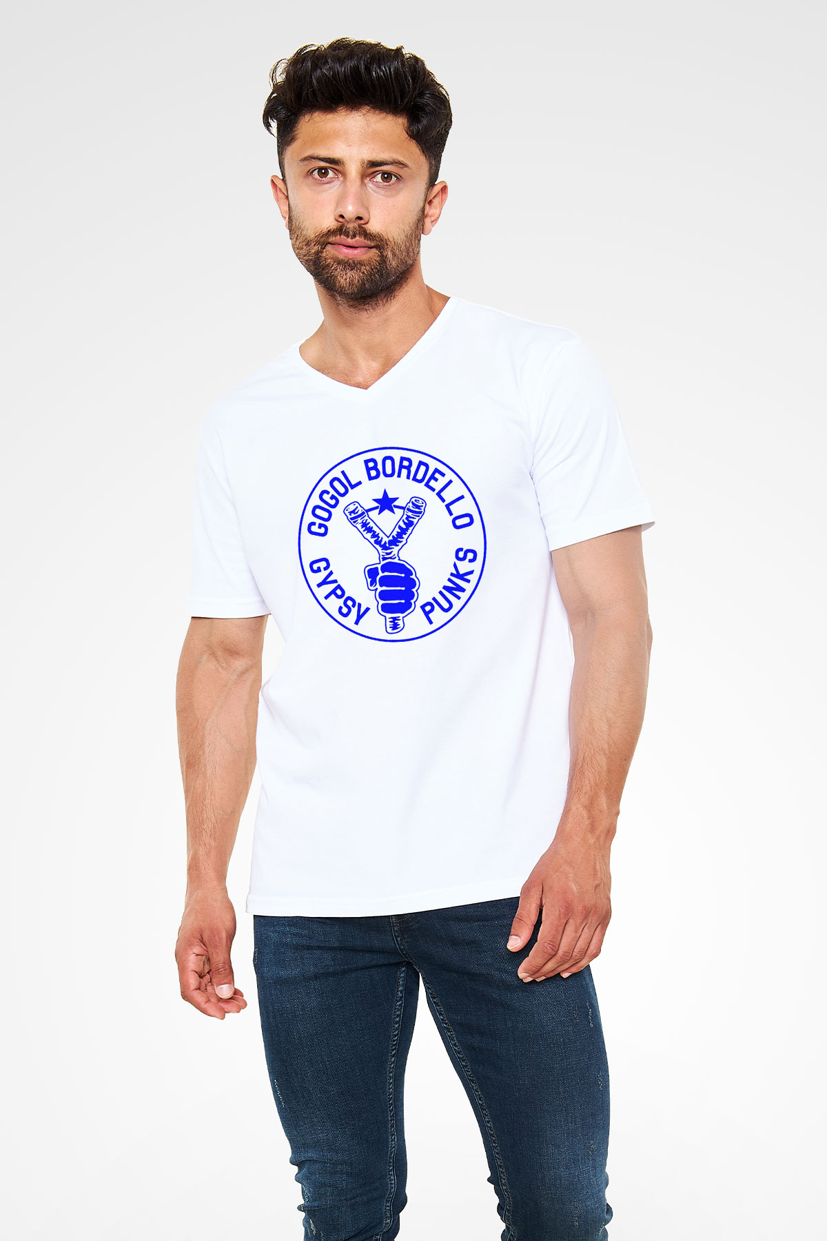 Gogol Bordello Beyaz Unisex V Yaka Tişört T-Shirt