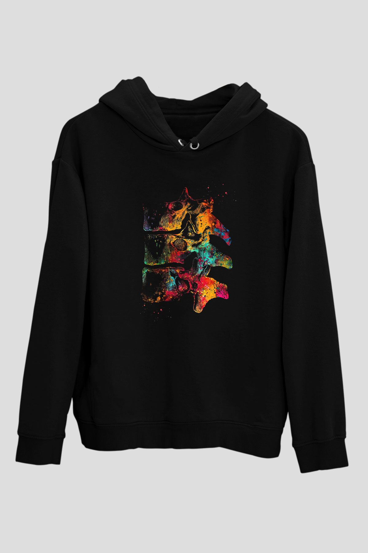 Göğüs Omurları Baskılı Unisex Siyah Hoodie