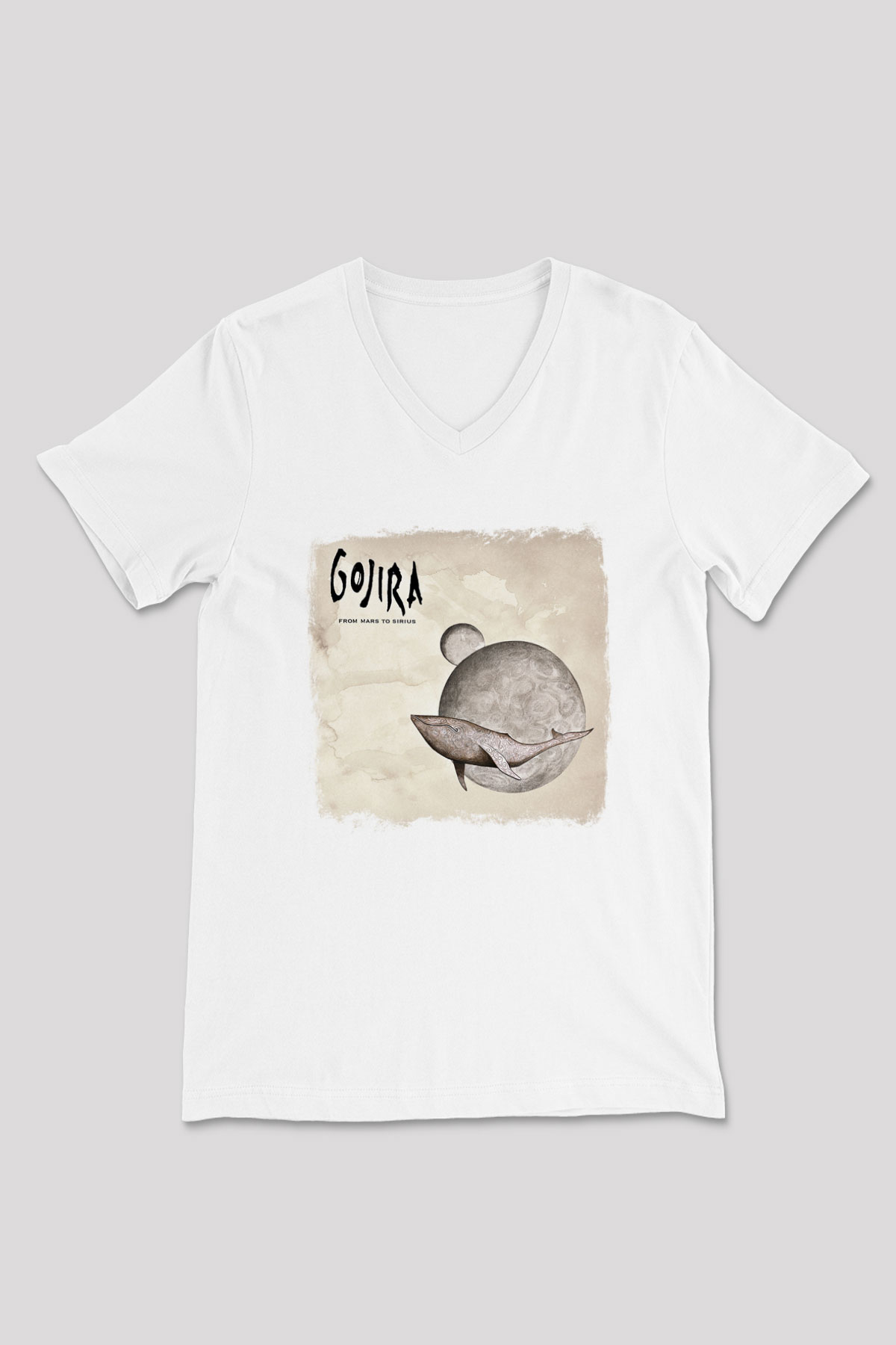 Gojira Baskılı Unisex Beyaz V Yaka Tişört