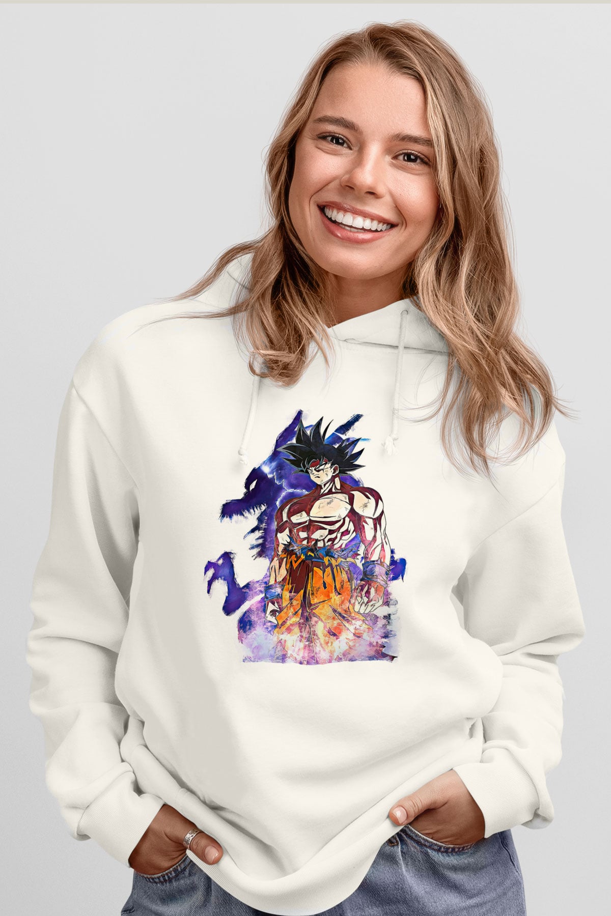 Goku Baskılı Beyaz Unisex Hoodie