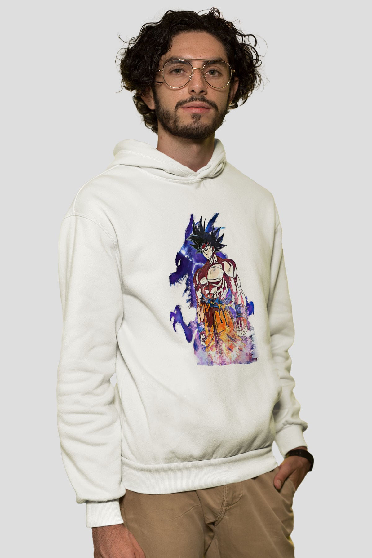 Goku Baskılı Beyaz Unisex Hoodie