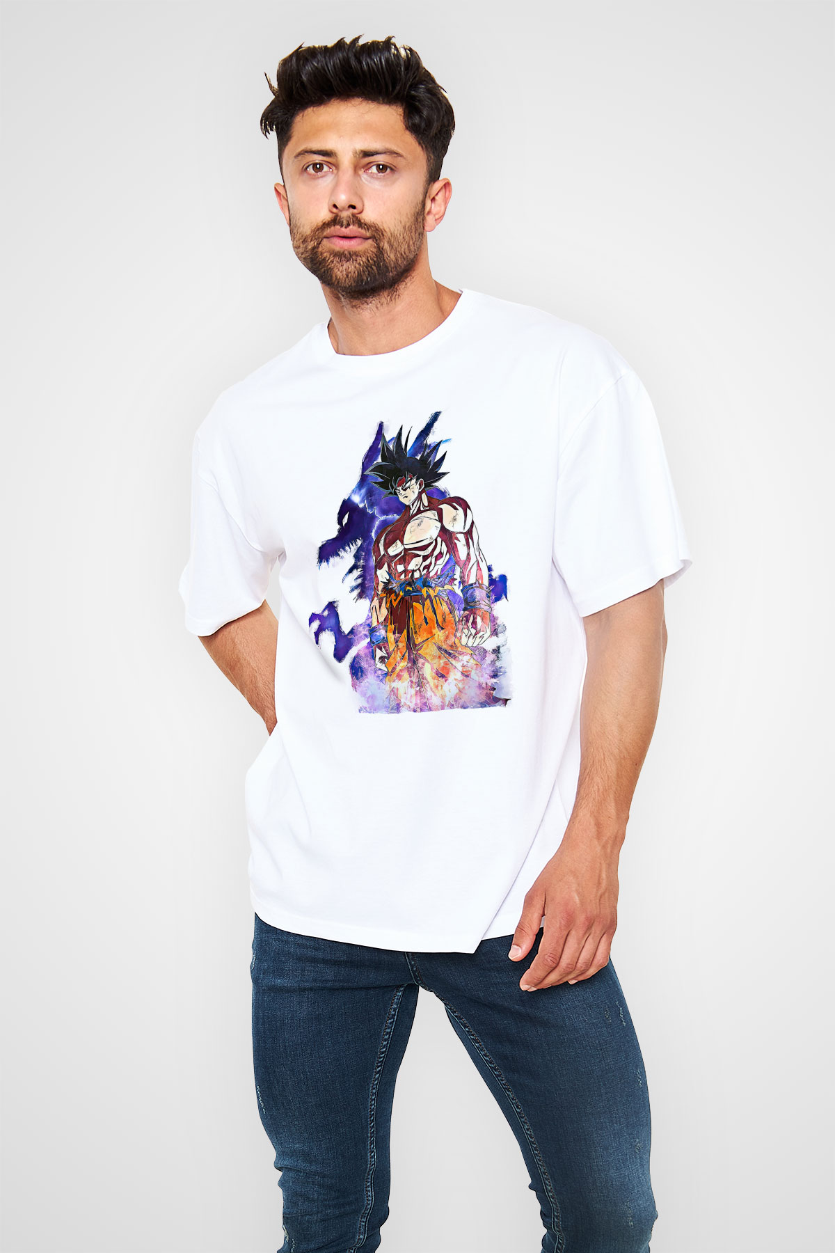 Goku Baskılı Beyaz Unisex Oversize Tişört - Tshirt