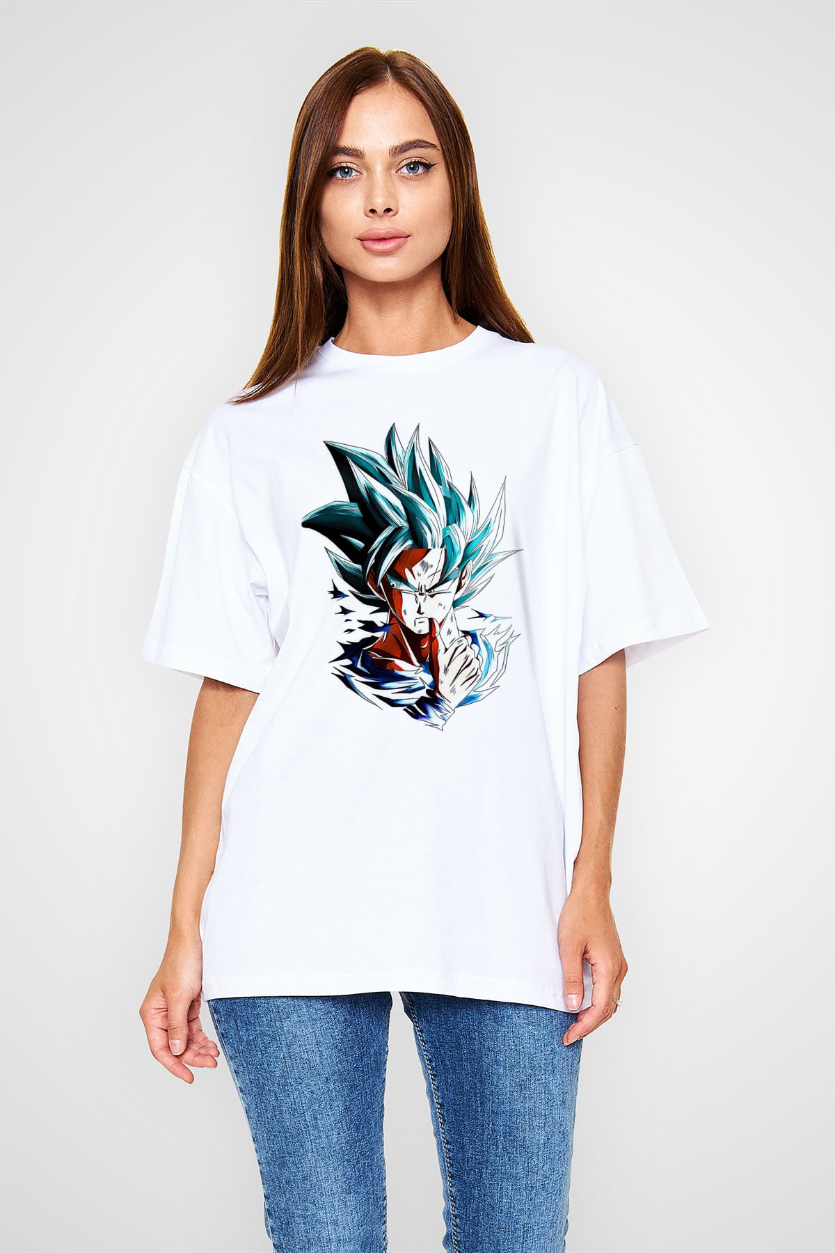 Goku Baskılı Beyaz Unisex Oversize Tişört - Tshirt