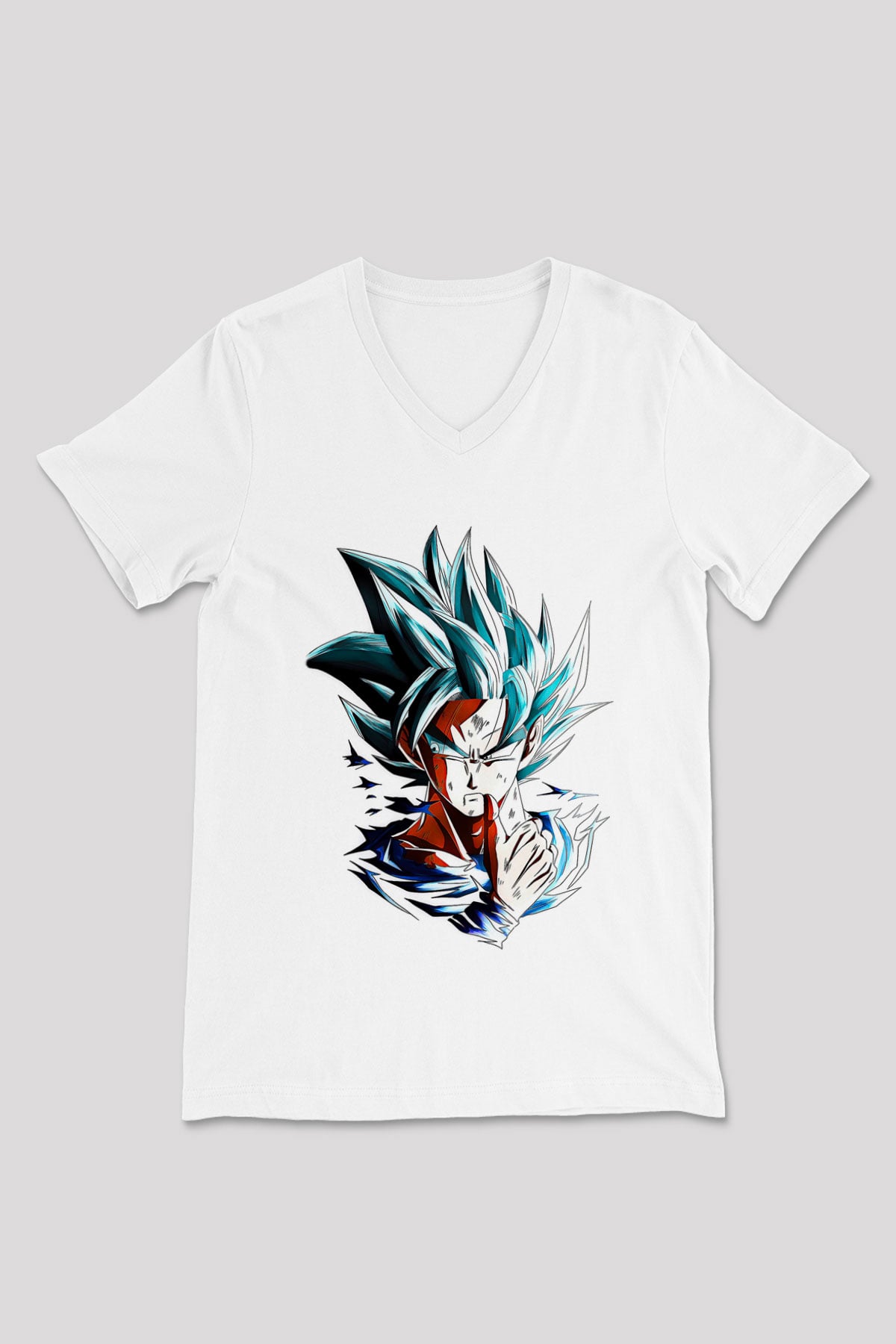 Goku Baskılı Beyaz Unisex V Yaka Tişört - Tshirt