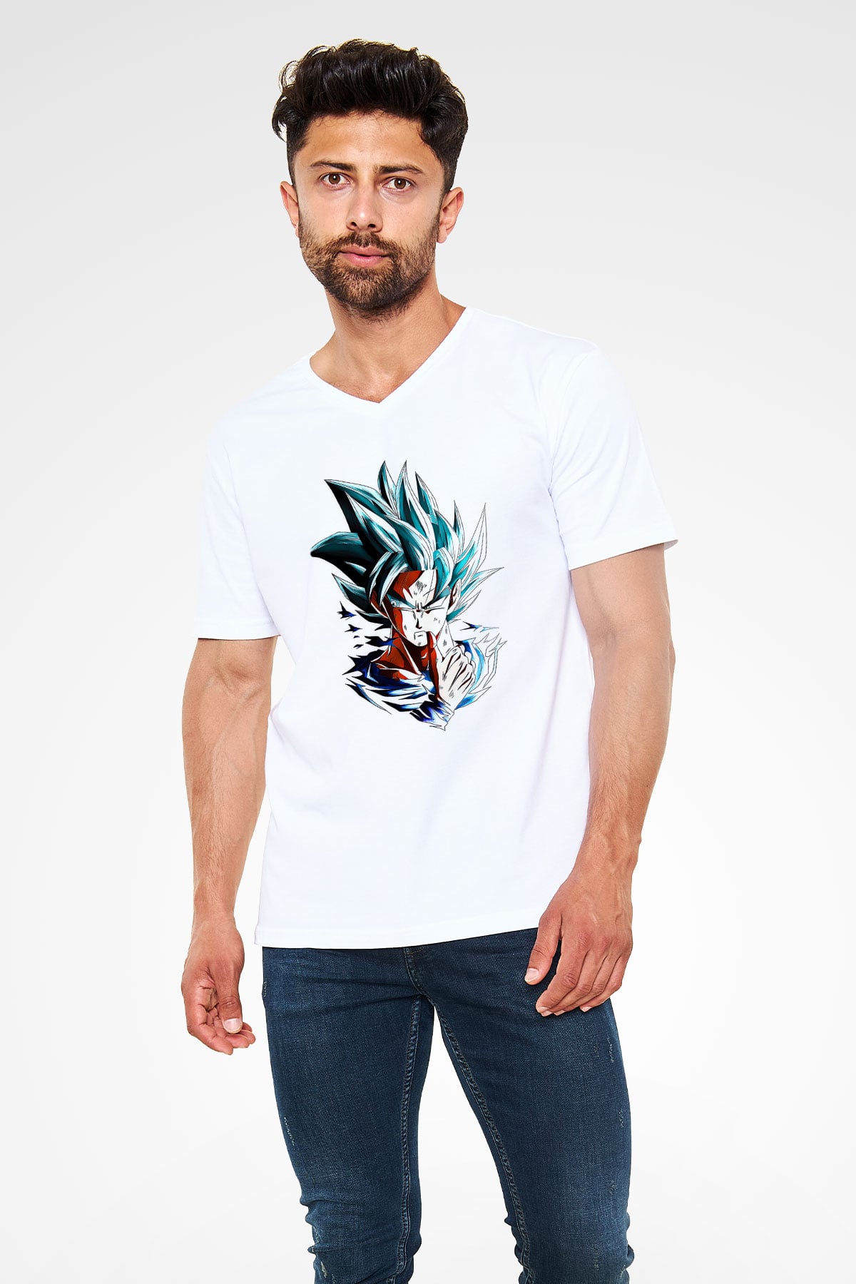 Goku Baskılı Beyaz Unisex V Yaka Tişört - Tshirt