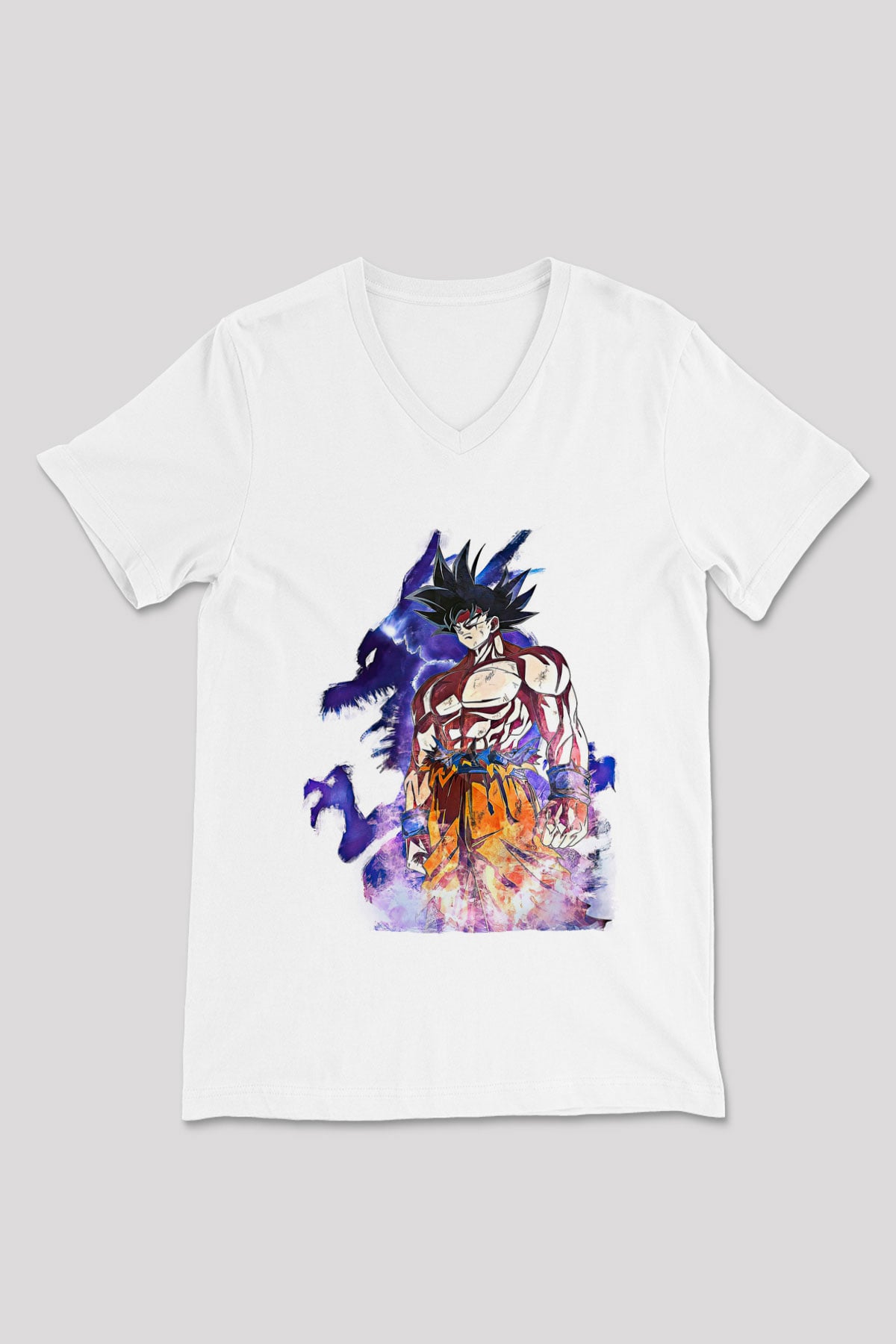 Goku Baskılı Beyaz Unisex V Yaka Tişört - Tshirt