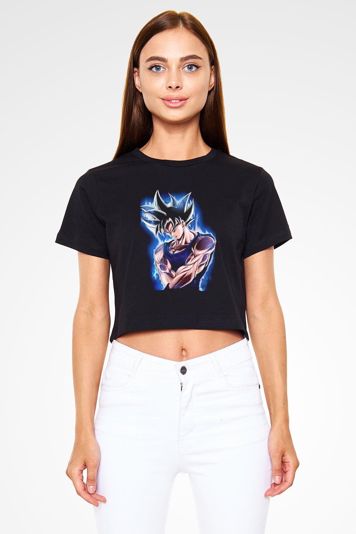 Goku Baskılı Siyah Crop Top Kadın Tişört - Tshirt